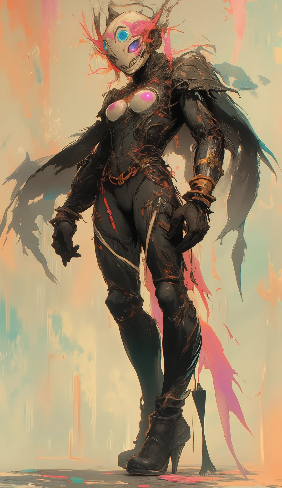 Perfect Proportions, Anatomically correct, (Head to Toe: 2.0), (Full body image: 2.0), alone,Highly stylized, Deviant art, masterpiece, Very detailed, Fine grain, expressive Fine grain, Detailed pupil, Futuristic, ((1950s Sci-Fi Helmet)), Rubber Gloss, (Flight Suit:1.4), big boot, Full body image, Full Body Shot, nvInkpunk,_skarsgard, Tassel, big beads, (大きなTassel), cyber punk, Inkpunk, Paint tray, Ink splash, (Action pose:1.0),