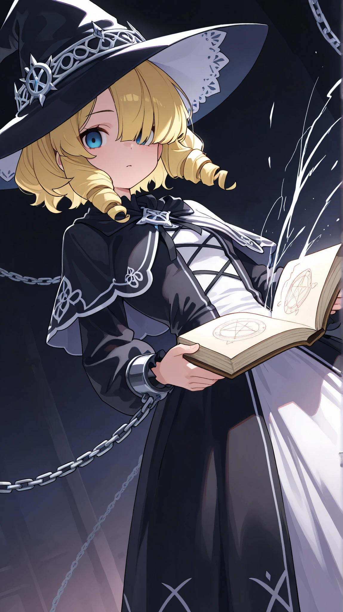 (score_9, score_8_up, score_7_up), ultra-detailed, detailed face, focus on upper body, dynamic angle, dutch angle shot, (looking at viewer),
Solo, a girl, witch hat, blonde, short hair, drill hair, drill sidelocks, hair over one eye, blue eyes, slant eyes, narrow eyes, witch gothic ta, chained, long dress, Silver chain accessories on trousers,
Opening a spellbook, Drawing a magical circle,
BREAK,
dark sky background, anime, illustration, masterpiece, best quality, detailed, mystical atmosphere, pastel academia, soft-edged, soft surface, backlighting, light, moody lighting, underlighting, sharp shadows, fast shutter speed, 2D Anime, Best Hands, Best Hand, 135mm, F4.0, SONY FE GM, best hand