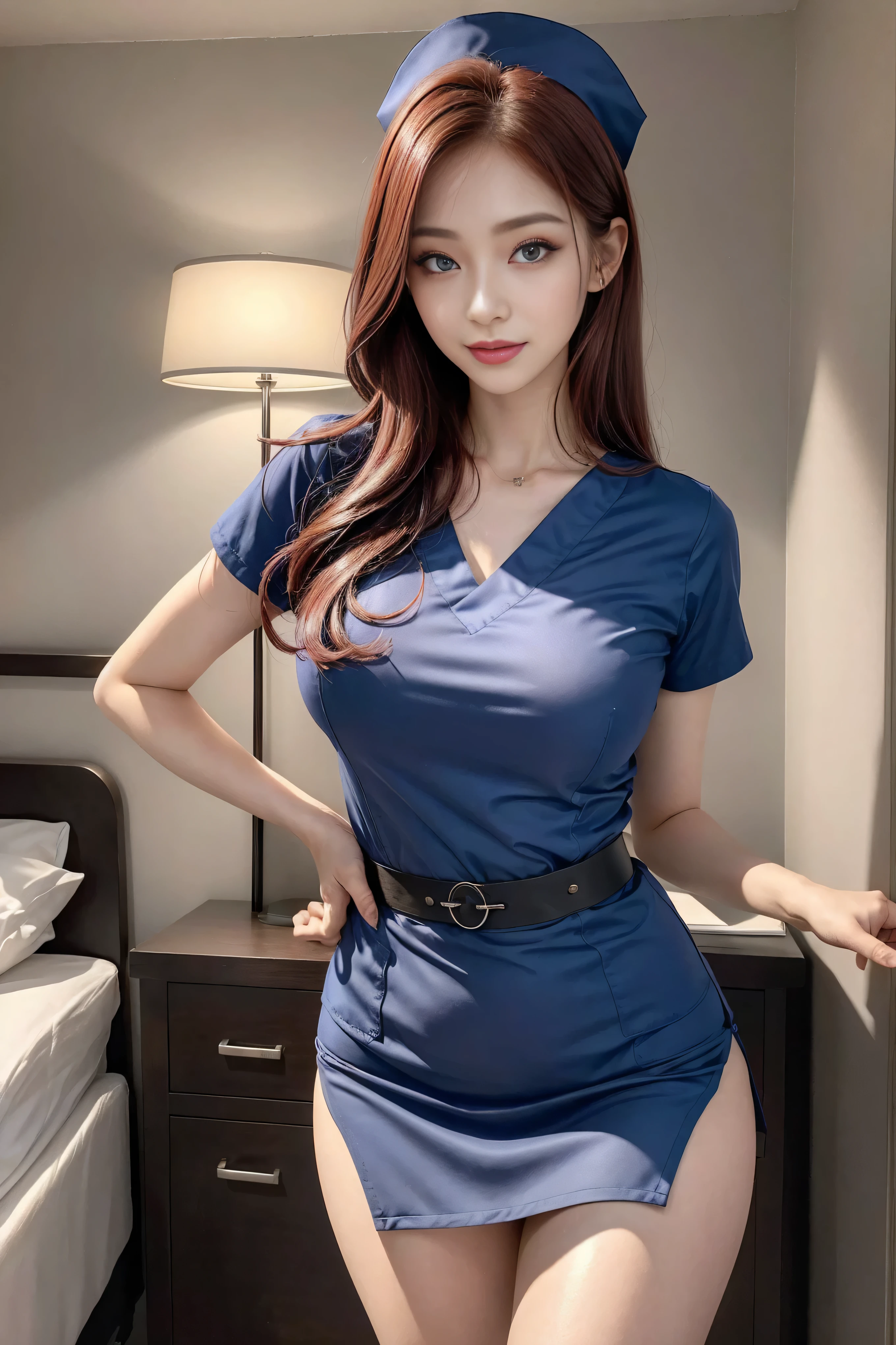 (best quality)), ((masterpiece)), (detailed), perfect face, looking hot, gorgeous female jade tailor, sexy look, curvy model, brown hair and a perfect body, portrait sophie mudd, lacey, elegant posed, sexy girl, sultry, wearing Tie-Front Shirt Dress with Shorts
