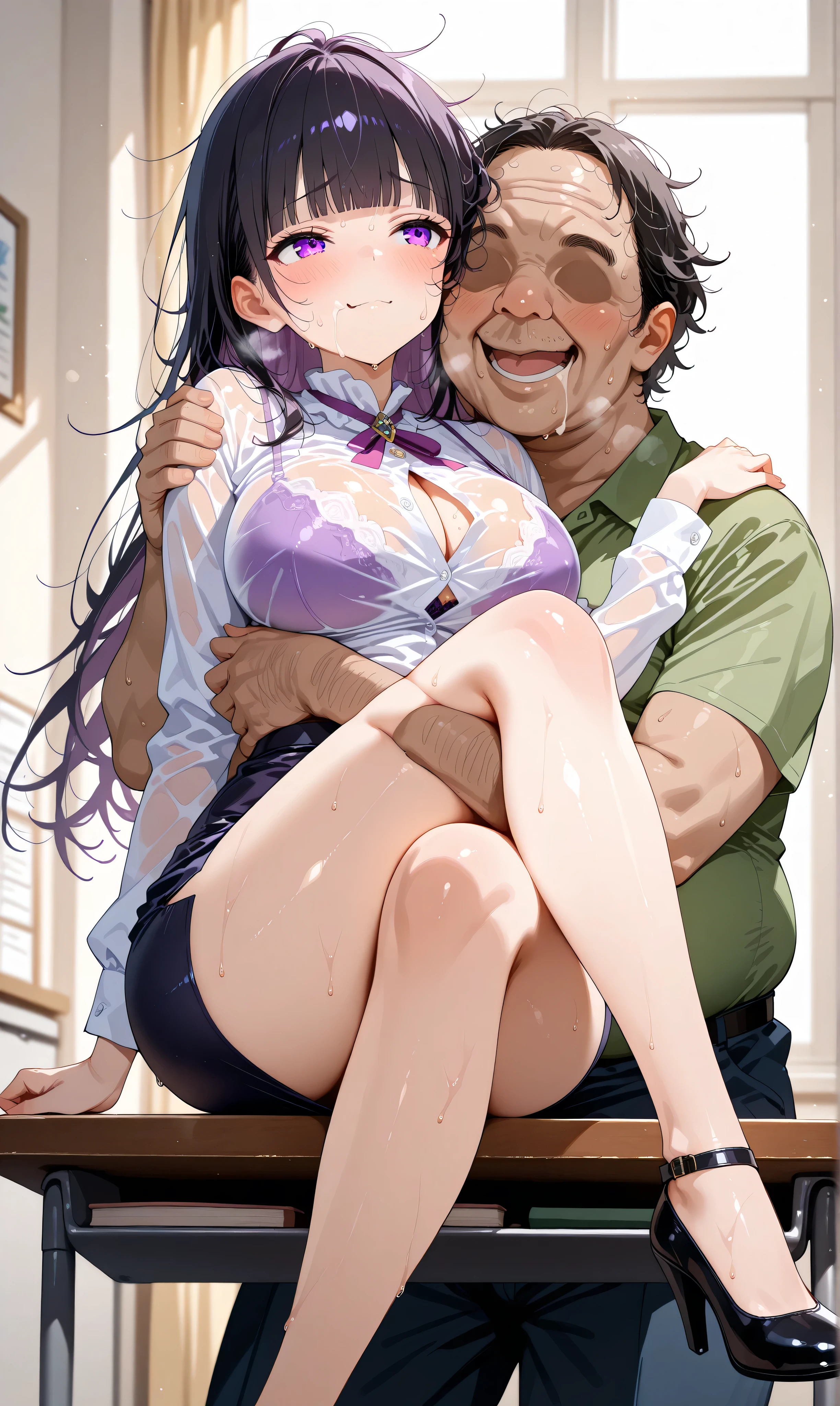 (8K Ultra High-Quality) (Masterpieces) (Image) (人物: Takina Inoue) 1 Girl, Purple eyes color's, 1 Old man, tan skin, balled, wearing glasses, fat, background in living room, All naked. 1 Girl lay down on the green Sofa, having sex with Old man, they fucking so hard, very rough, Girl showing boob and pussy, Old man fuck girl pussy, Old man cummings inside Girl pussy, having a lot white liquid coming out of girl pussy, Old man grab Girl boob, Girl doing shame face, protruding tongue, Old man kissing Girl.