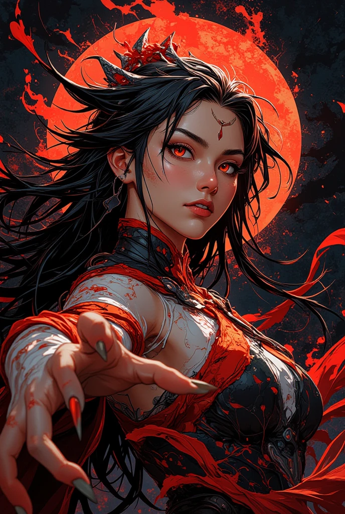 I want a BROWN woman with eyes covered in a demonic red aura, I want her to have a serious expression and extremely dark and firm eyes, and an extremely strong red demonic aura that surrounds his entire being, this woman has two horns that are embedded in red flames and will have long black hair, and wore a black kimono with blood red butterflies, appear to be at least 24 years old. captured in an ultra-realistic full HD 4K portrait, detailed texture showing its menacing shape, Immersive atmosphere, high definition shadow play, digitalpainting, nevoa no environment. I want a different monster from each other and make the image darker, obscure, creating a dark and dimly lit horror atmosphere!