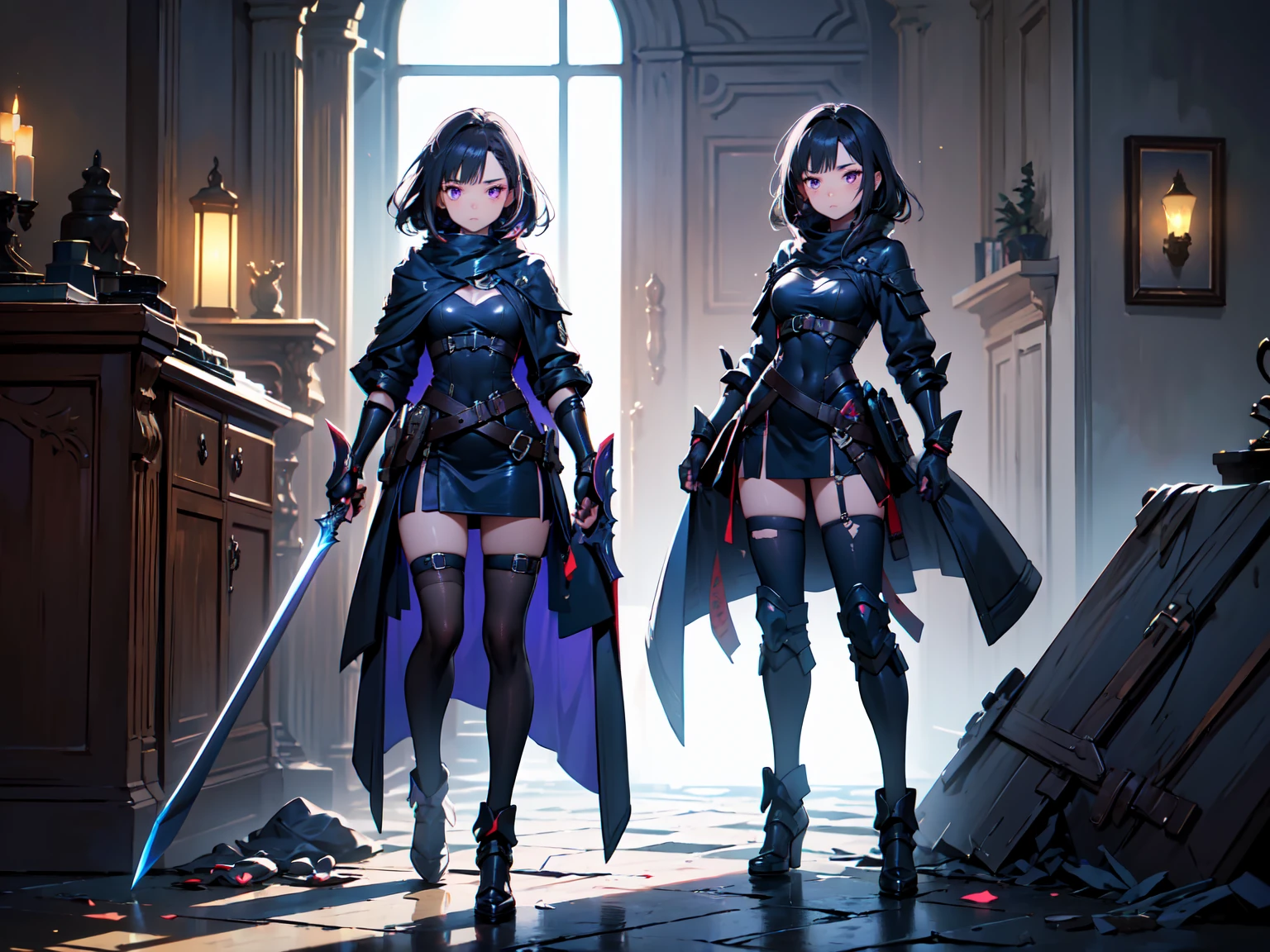 Tactical knight, light armor, tactical equipment, tactical straps, leather equipment, tactical accessories, knight accessories, 1girl, medieval background, tactical armored boots, knife sheath equipment, 1girl, full body, spy suit, gothic costume, elegant style, steampunk reference, palace dance salon, baroque details, hidden spy weapons, spy equipment hidden in clothes, gothic punk victorian elegant clothing, correas tácticas ocultas, spy girl, tactical spy equipment