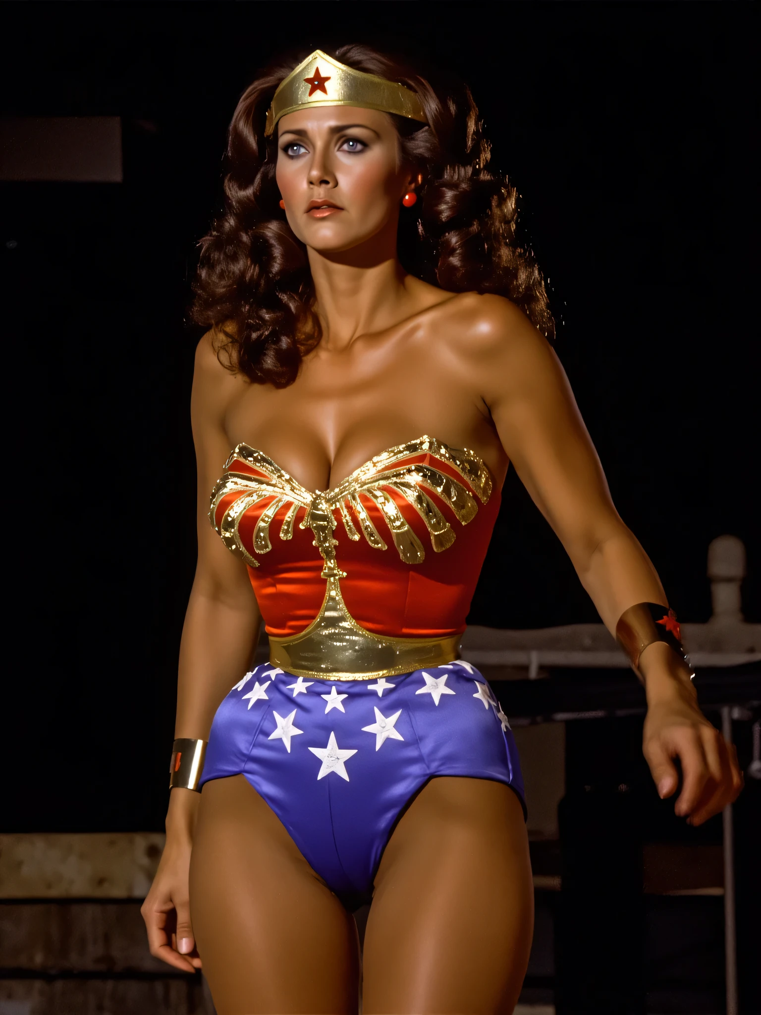 Wonder Woman, Linda Carter ,big breasts standing, she's been kicked in the vagina so she's clutching her pussy in pain, crying, eyes open looking up, in dark sexy bedroom , ((( with eyes opened, mouth open, glossy lips ))),ravished legs spread, boots slipping down off legs, feet turning inward, with a desperate and sexy expression, full body photo ,