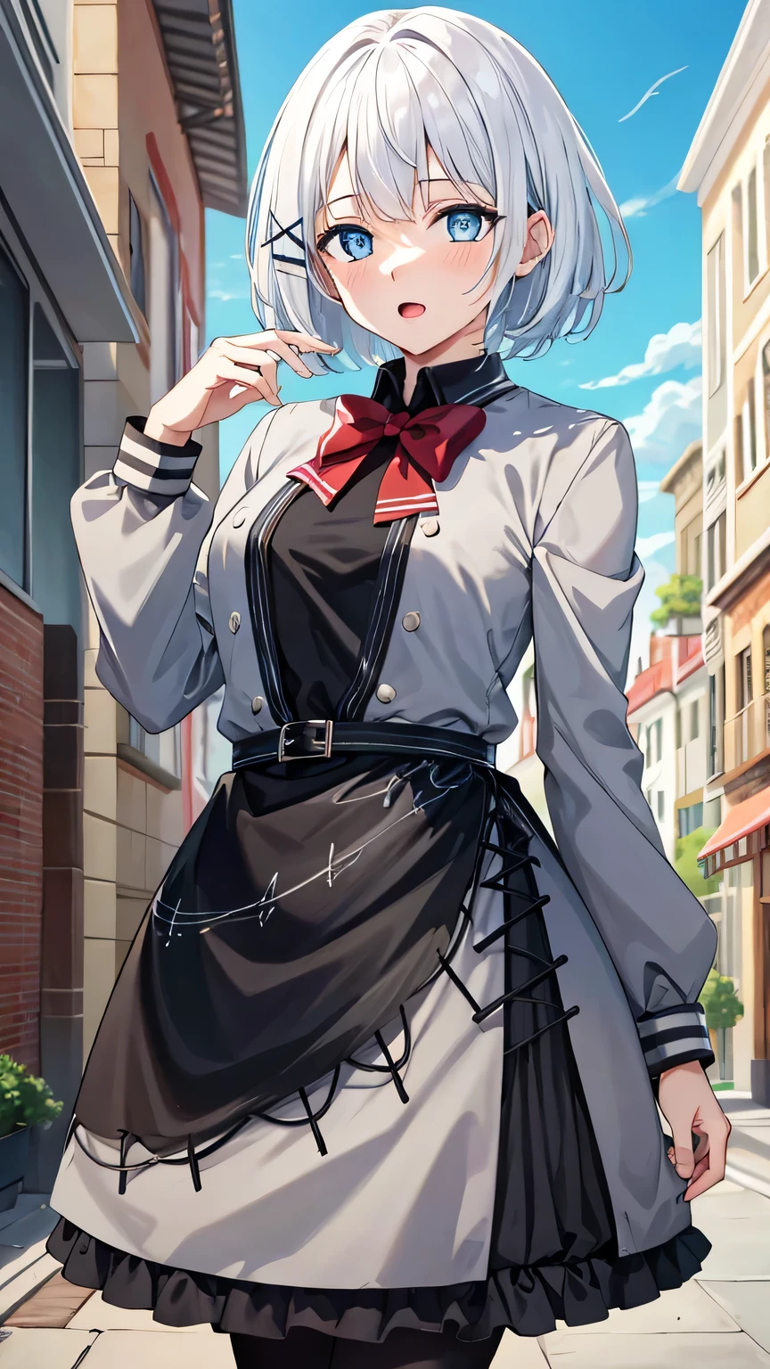 {{{masterpiece}}}, (best quality:1.5), (ultra-detailed:1.5), {illustration}, {{an extremely delicate and beautiful}}, (beautiful detailed eyes:1.6), absurdres, highres, extremely detailed face, 16k, hd, visual anime de uma jovem mulher, extremamente bonito rosto de anime, anime melhor garota, (perfect hands, perfect anatomy), anime face, Siesta (The Detective Is Already Dead), 1girl, solo, cute face, white hair, short hair, bangs, x hair ornament, sidelocks, blue eyes, (High resolution eyes, Beautiful eyes, Light in the eyes), medium breasts, big hips, curvaceous, BREAK, grey jacket, grey dress, long sleeve, grey sleeve, black shirt, red bowtie, black belt, black apron, grey skirt, black pantyhose, thighs, zettai ryouiki, BREAK, open mouth, flushed cheeks, walking, flushed cheeks, looking at viewer, outdoor, city, building, sky, daytime, cowboy shot
