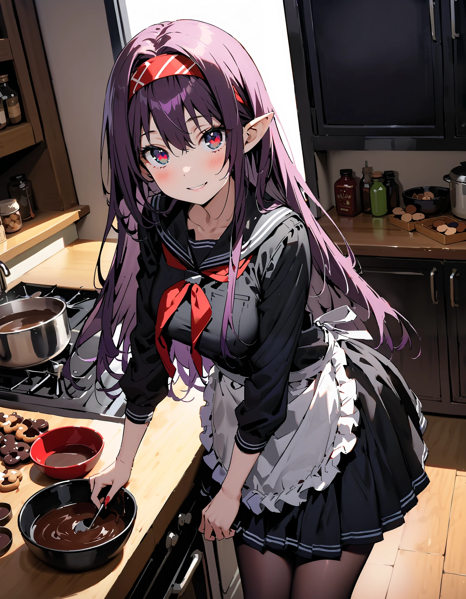 yuukikonno, Konno Yuuki, hair band, Long Hair, Pointed Ears, Purple Hair, (Red eyes:1.5), (Small breasts:1.2), Open your mouth,
,blush,Embarrassing,Open your mouth,surprised,turn around, Naked Apron,Bare shoulders,Bare neck,bare clavicle,barefoot,Zend 4y4, cooking, Chinese pan, fire, fried rice, Stove, フレームから足が外れている break indoors, kitchen, break looking at viewer, (Cowboy Shot:1.5), break (masterpiece:1.2), highest quality, High resolution, unity 8k wallpaper, (shape:0.8), (Beautiful details:1.6), Highly detailed face, Perfect lighting, Extremely detailed CG, (Perfect hands, Perfect Anatomy),