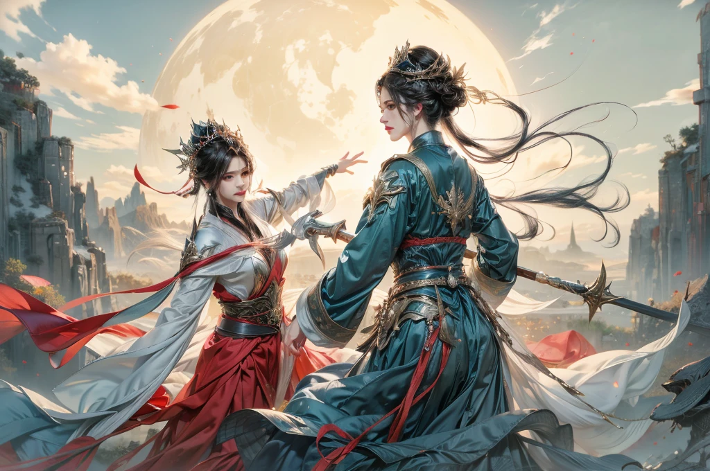A breathtaking photo showcasing incredible detail and masterful composition. This is truly a wallpaper that will leave viewers in awe.raw photo, best quality, masterpiece, ultra high res, (photorealistic:1.4), Anime poster, both hands holding a big long samurai sword, two hands, two legs, wear kungfu master cloth, waves, chinese traditional ink style, Maiden Demon Slayer, main color is golden and vivid red, dynamic movement, dynamic pose, wuxia style, movement, full body::1 Amazing Vector in oil painting environmental, art cinematic, diorama, intricate detail, solo, water reflex, dress, long black hair, floating hair, (magic circle:1.2),xiuxian,upper body,Beautiful girl, smiling, full body,east asian architecture,sheath,architecture, (sharp focus on face), color, realistic, 8 k, high definition, insanely detailed, elegant, ultra realistic, photorealism,