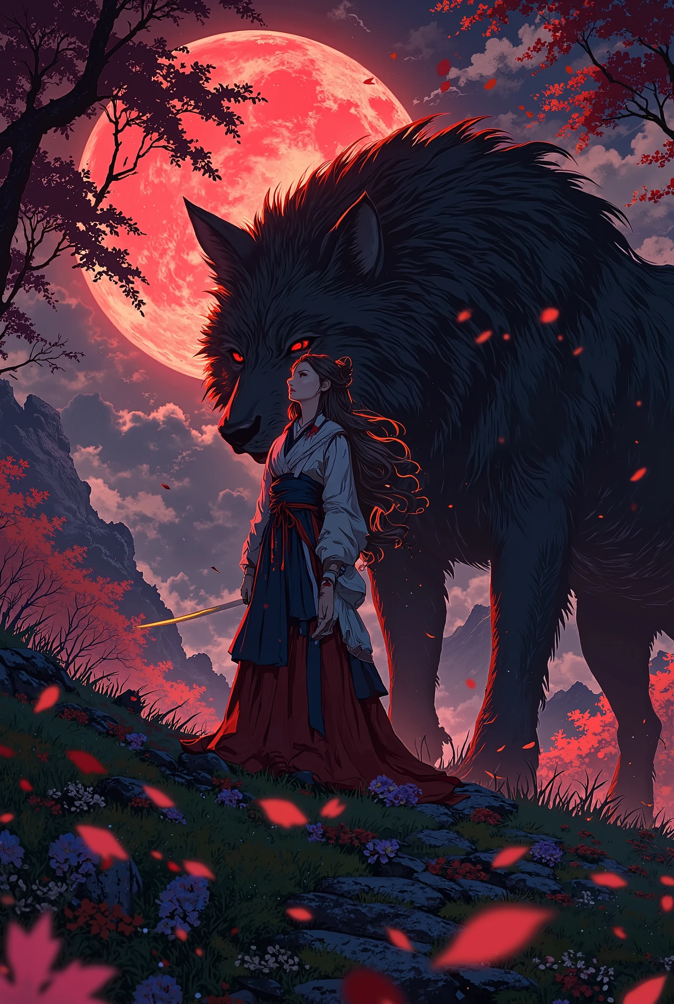 1 girl, standing, side by side, enormous wolf, view from bottom, katana, (best quality,4k,8k,highres,masterpiece:1.2),ultra-detailed,(realistic,photorealistic,photo-realistic:1.37),beautiful detailed eyes,beautiful detailed lips,extremely detailed eyes and face,long eyelashes,intricate detailed costume,dramatic lighting,cinematic composition,dark fantasy,hyper detailed,moody atmosphere,dramatic shadows,muted color palette,a fantasy girl sitting under a red blood moon with cherry blossom petals floating around her, long flowing hair, highly detailed, intricate, award winning, 8k, photorealistic, cinematic lighting, dramatic colors, vibrant, mystical, ethereal, anime style, Makoto shinkai,((anime movie:1.3)),