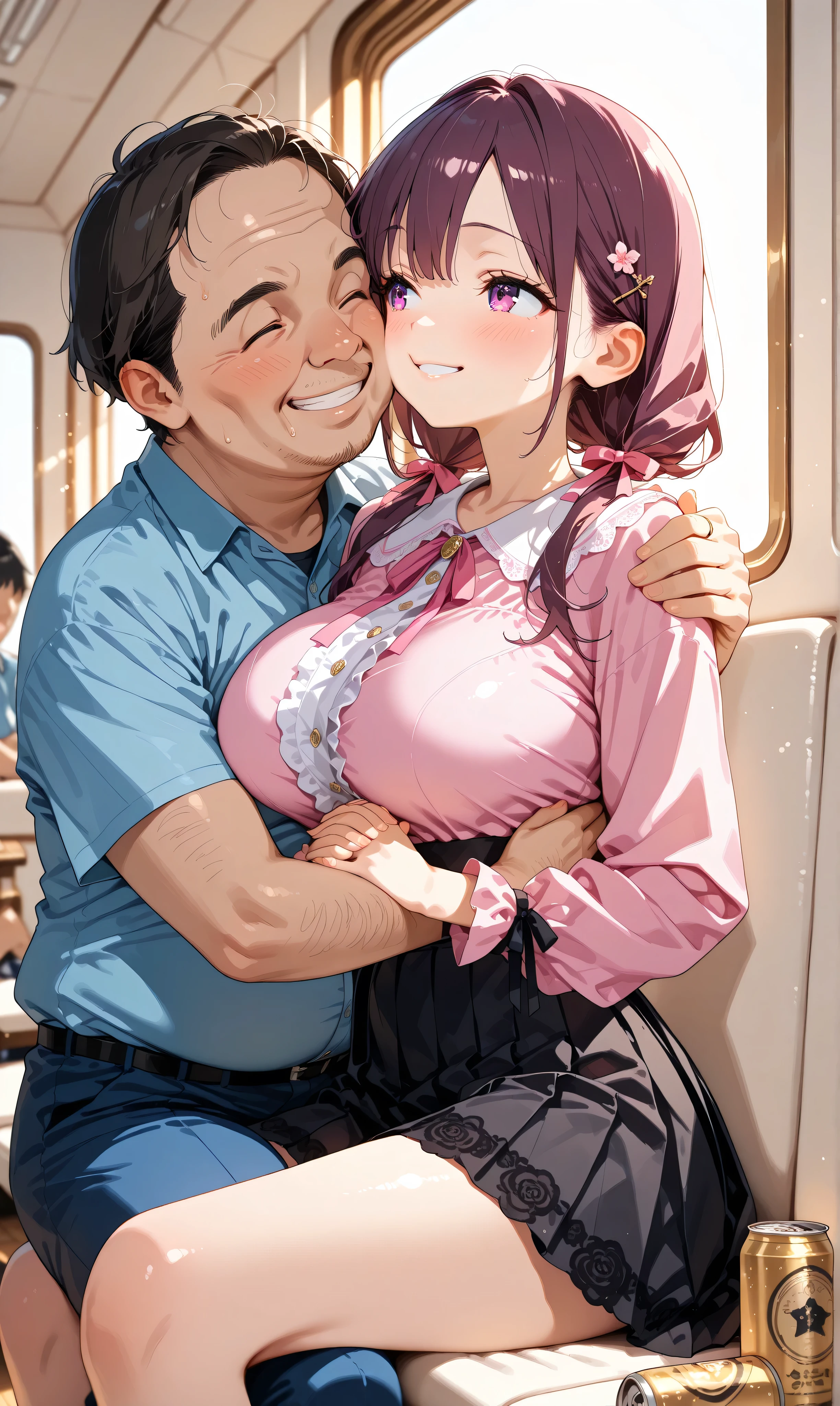 masterpiece, best quality, amazing quality, very aesthetic, (warm embrace:1.4), 1girl , big breasts, (cheek-to-cheek contact:1.2), (interlocked fingers:1.1), (watercolor:0.5), ( pastel:0.5), in the seat, dark hair with pinkish blurry highlights holding a drink can, long twin tail, (Sit on the ground and hug each other:1.3), soft brush , tilts her head, pink ruffle blouse , Black Pleated Skirt , ( Brushing Her Hand Over Her Shoulder :1.2), ribbon accent with drink cans , Black Lace Trim , pink and black aesthetic , cute japanese fashion , ( soft lighting :1.1), drinking from a can with a straw , beautiful, Masterpiece, high quality, 4K UHD, 1boy , (ugly man:1.3), (embracing waist:1.4), faceless male character, depth of field, (intimate atmosphere:1.2), (gentle smile:1.1)