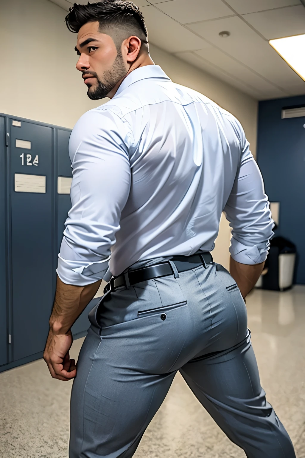 40-year-old boy Japanese muscular male in transparent white formal shirt......... short haired, bearded, wearing light blue shiny trouser ...........gooning seductive expression.................... dripping on body and pants...................., arching back............... looking back to the camera. [[ huge big unrealistic butt,]] muscular thigh......................close up on butt........low angle camera looking up at body........... in gym locker room........

