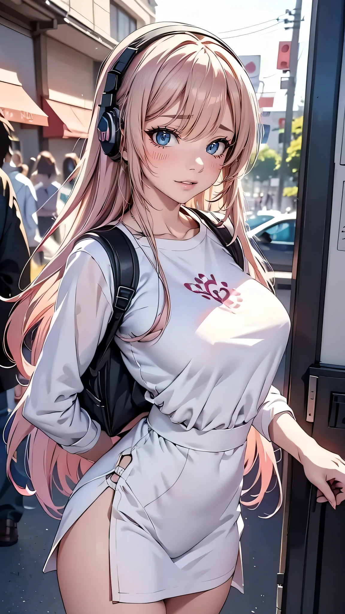 Anime girl with headphones and backpack looking at cell phone, Anime Style 4 k, (Very delicate and beautiful face), (Beautiful eyes in every detail), Digital anime art, Nightcore, Digital anime illustration, Anime Styled digital art, anime art wallpaper 4k, anime art wallpaper 4k, Anime art style, Anime digital art, Anime Style artwork, Anime Style. 8k, detailed Digital anime art