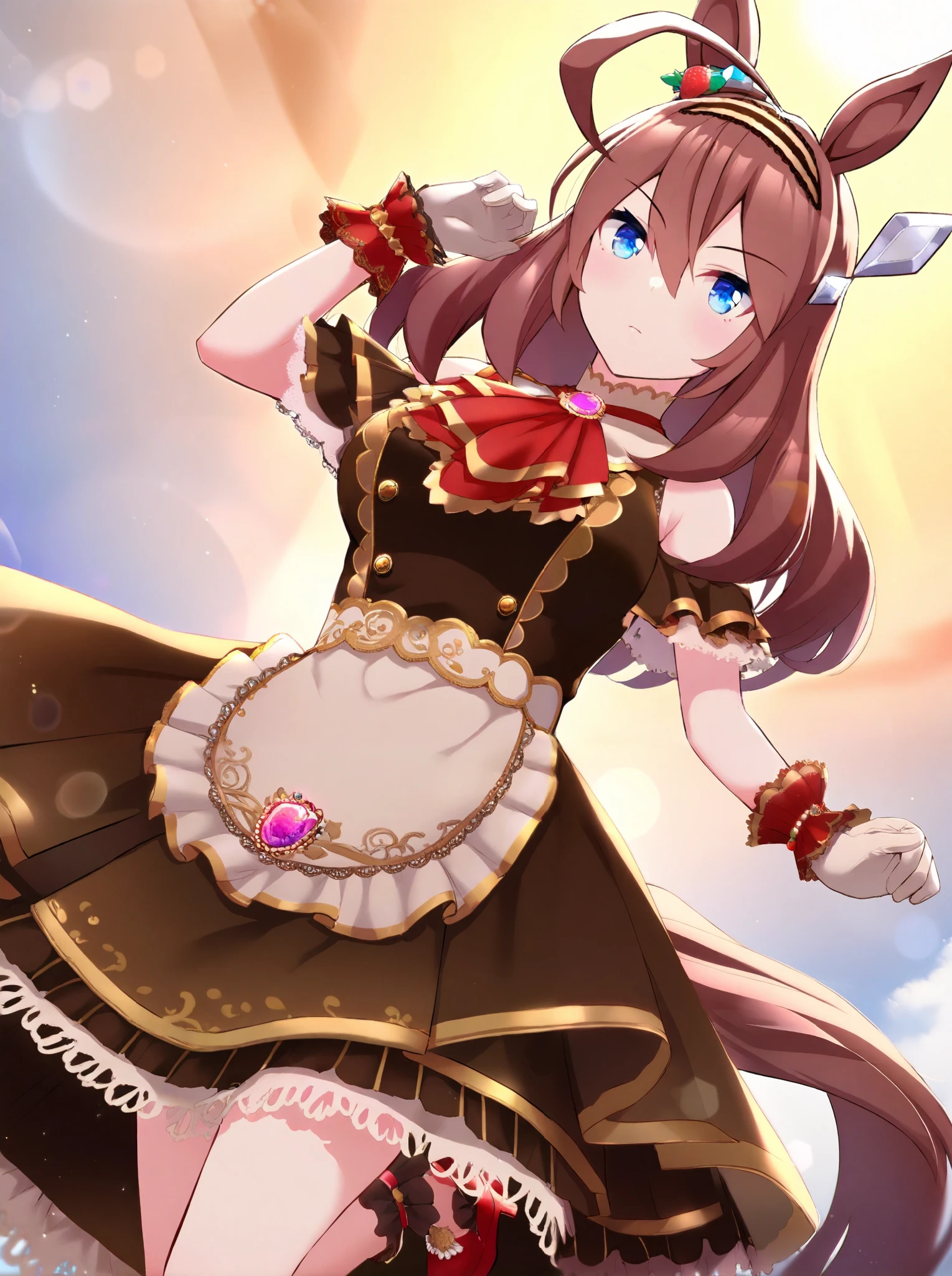 masterpiece, best quality, absurdres,
mihono bourbon \(umamusume\), 1girl, horse tail, brown dress, horse ears, red footwear, brown hairband, closed mouth, white gloves, full body, red ascot, waist apron, sleeveless, arm garter, brooch, strawberry hair ornament, wrist frilled cuffs, red high heels, brown sockes
blue sky,sun,cowboy shot,light rays,lens flare,light particles,dynamic pose,dynamic angle,