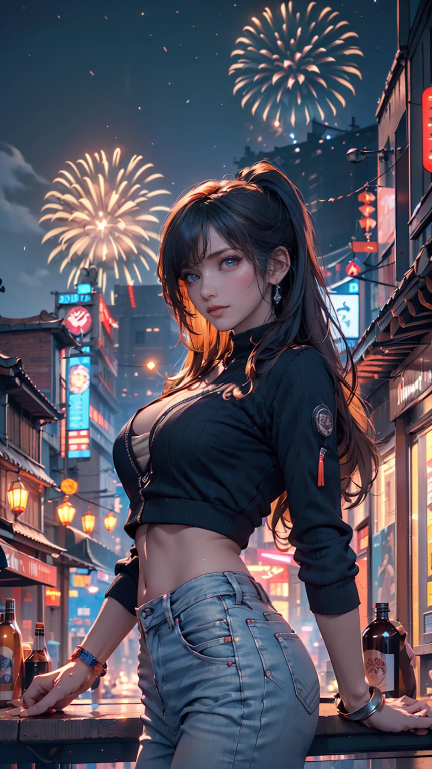 Masterpiece airbrush painting of (SFW sexy Asian woman, wearing denim dress:1.25) dancing in a vibrant festival, dynamic pose, hourglass figure, thick thighs, (toned_muscles, long hair:1.05), soft lighting, global illumination, fireworks in crowded background, by Stanley Artgerm Lau
