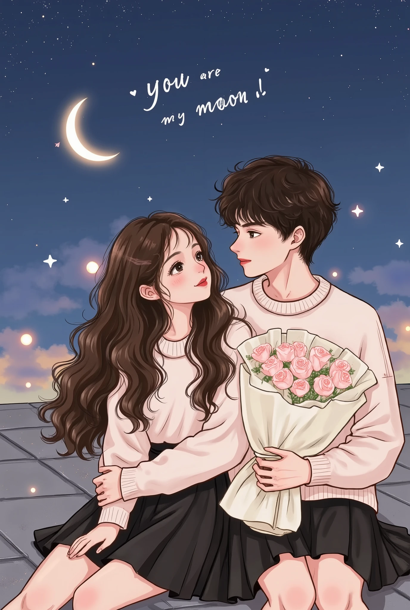 "A soft and dreamy anime-style illustration of a young boy and girl sitting on a rooftop under a starry night sky. They gaze at each other with warmth and affection, as a crescent moon glows softly in the background. The girl has long, wavy brown hair and wears a white shirt and black skirt, the boy has curly black hair , wears a cozy sweater. The atmosphere is filled with a sense of nostalgia, romance, and serenity, with warm lighting reflecting off the clouds and stars. The text 'You Are My Moon' is elegantly placed in a handwritten style, blending seamlessly with the dreamy aesthetic."