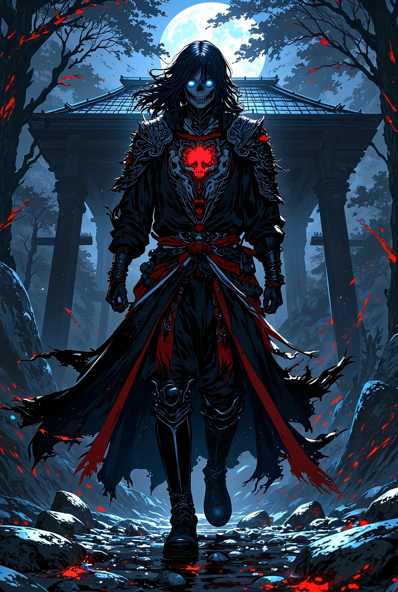 An (((anime skull samurai))), with flowing (((black and white long hair))), coming to life as it emerges from a ((grave)), clad in a sleek ((black uniform)), adorned with intricate ((red and white skull motifs)) that give off a (sorcerous glow). Its eyes are a vivid ocean blue, offset by stark contrast against the (ominous darkness) surrounding it. The scene is (tactfully drawn) in a (((hyper realistic manga art style))), with (black and white color contrast) accentuating the image's ominous atmosphere.