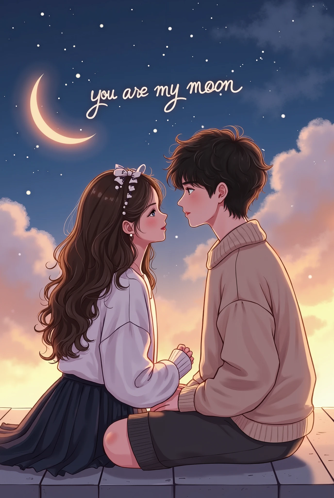 "A soft and dreamy anime-style illustration of a young boy and girl sitting on a rooftop under a starry night sky. They gaze at each other with warmth and affection, as a crescent moon glows softly in the background. The girl has long, wavy brown hair and wears a white shirt and black skirt, the boy has curly black hair , wears a cozy sweater. The atmosphere is filled with a sense of nostalgia, romance, and serenity, with warm lighting reflecting off the clouds and stars. The text 'You Are My Moon' is elegantly placed in a handwritten style, blending seamlessly with the dreamy aesthetic."