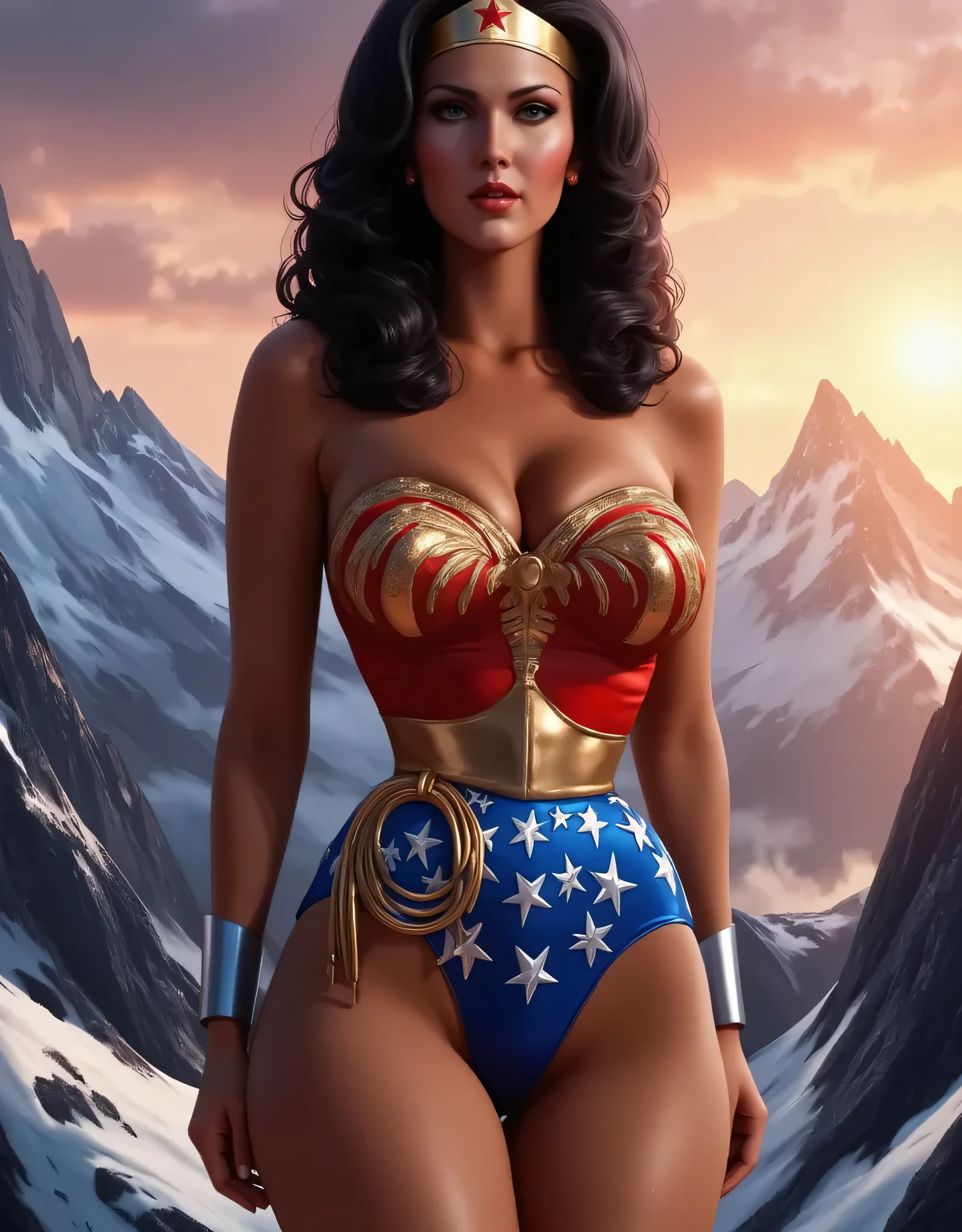 Gorgeous Wonder Woman in tight red and blue costume, long dark hair, beautifully detailed eyes, striking facial features, plump red lips muscular athletic physique, confident powerful pose, in epic pose, dynamic lighting, cinematic dramatic scene, digital painting, complex detailed rendering, hyper realistic, 8k, vivid colors, dramatic shadows, cinematic lighting, heroic, powerful, background: mountains, snow, sun, sexy pose