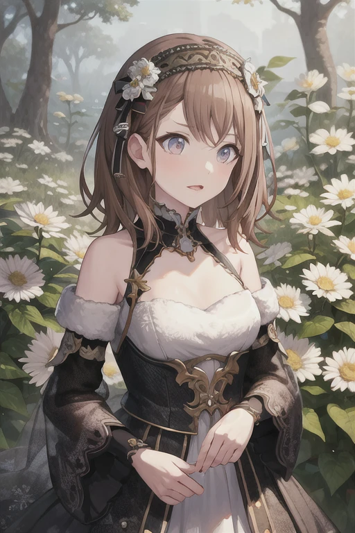 (Minors, 1 Girl,  is unique,  Brown Hair ,  gray eyes,  medium length hair:0.67), (Winter flower forest with incredible detail:0.9), Bare shoulders , clavicle, Lips,  masterpiece,  top quality, serious,  fantasy