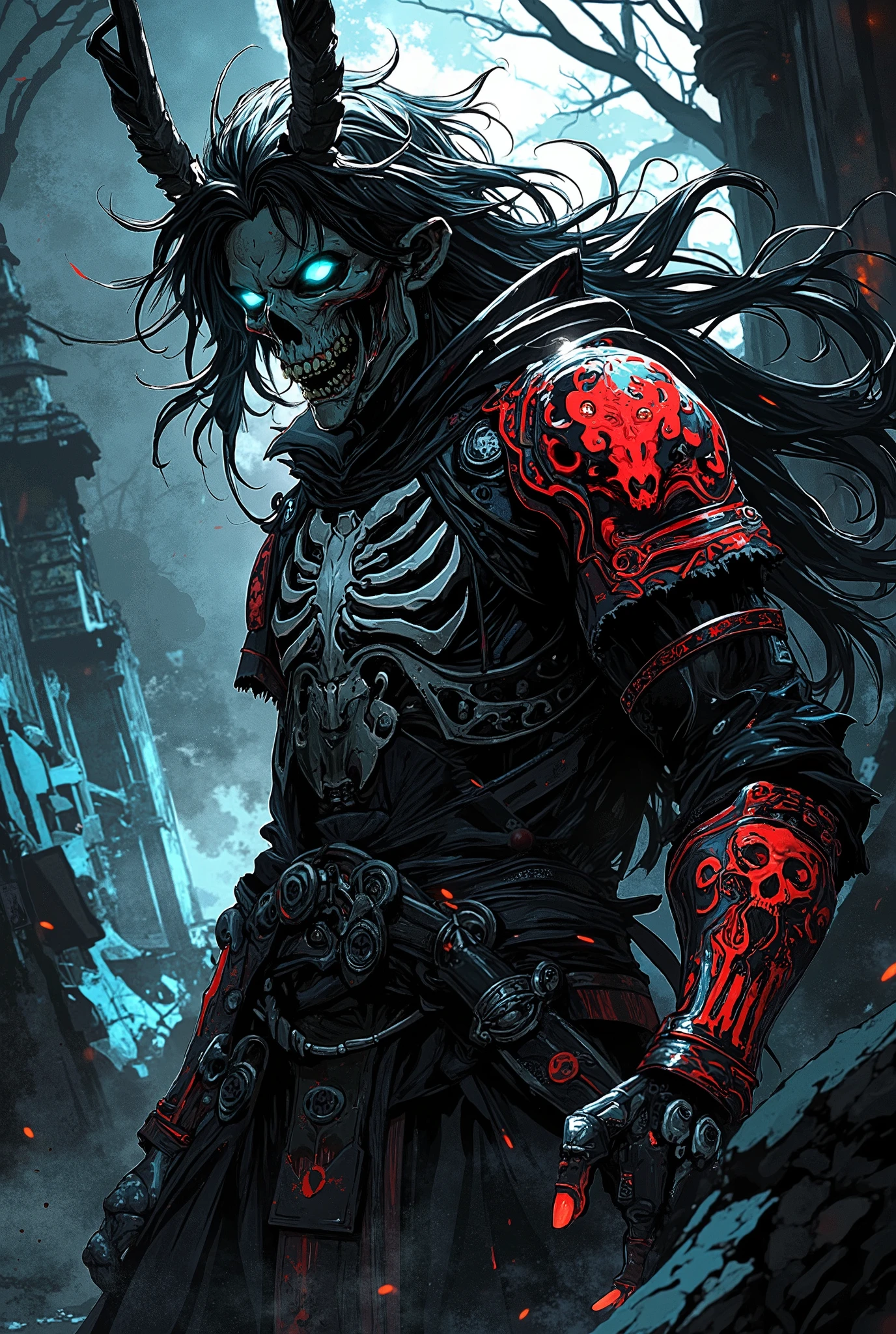An (((anime skull samurai))), with flowing (((black and white long hair))), coming to life as it emerges from a ((grave)), clad in a sleek ((black uniform)), adorned with intricate ((red and white skull motifs)) that give off a (sorcerous glow). Its eyes are a vivid ocean blue, offset by stark contrast against the (ominous darkness) surrounding it. The scene is (tactfully drawn) in a (((hyper realistic manga art style))), with (black and white color contrast) accentuating the image's ominous atmosphere.