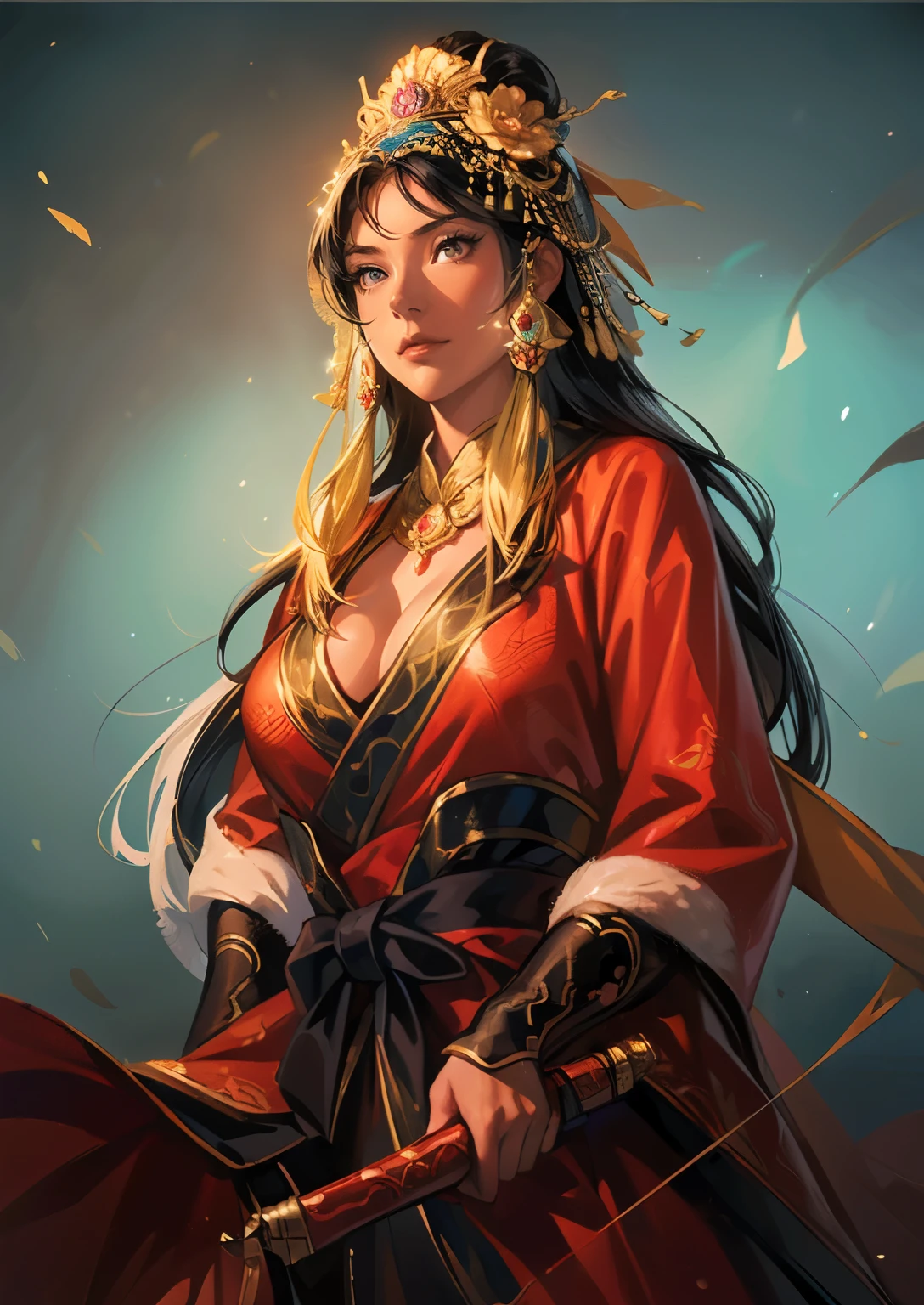 (((Maintain color ))), ((( picture style maintenance ))), (( Koei Three Kingdoms illustration style)), ((Maintain the composition)), san14:1.5 charming girls ,  perfect face, (( Natural Hands )), (( black hair)),  woman holding a bow ,  big boobs,  visible chest bone 