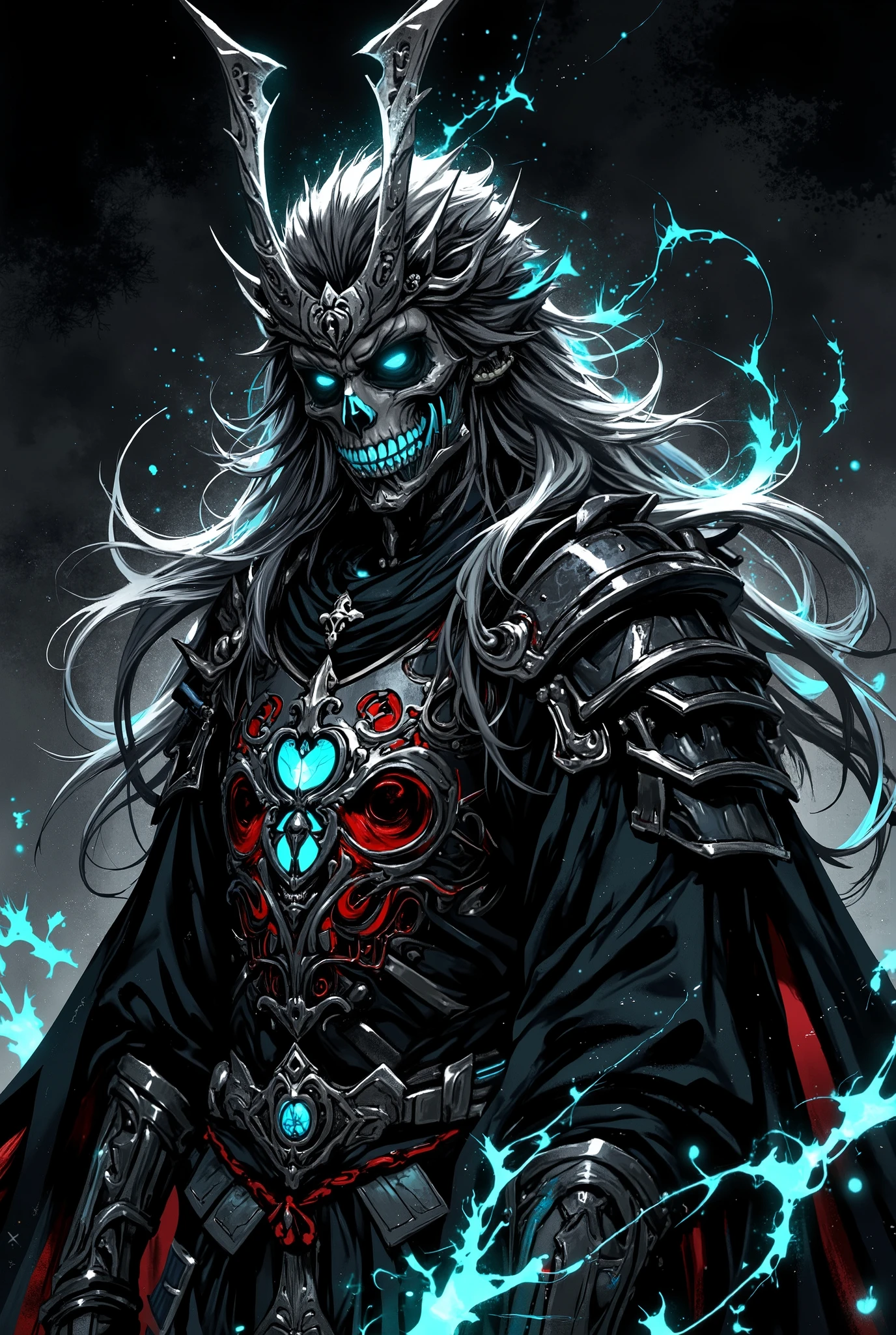 An (((anime skull samurai))), with flowing (((black and white long hair))), coming to life as it emerges from a ((grave)), clad in a sleek ((black uniform)), adorned with intricate ((red and white skull motifs)) that give off a (sorcerous glow). Its eyes are a vivid ocean blue, offset by stark contrast against the (ominous darkness) surrounding it. The scene is (tactfully drawn) in a (((hyper realistic manga art style))), with (black and white color contrast) accentuating the image's ominous atmosphere.