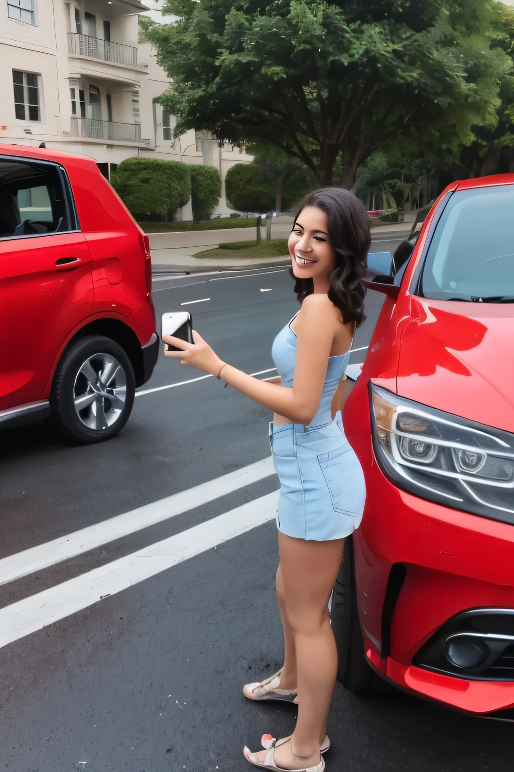 Brazilian woman with curly hair taking a selfie with a red car