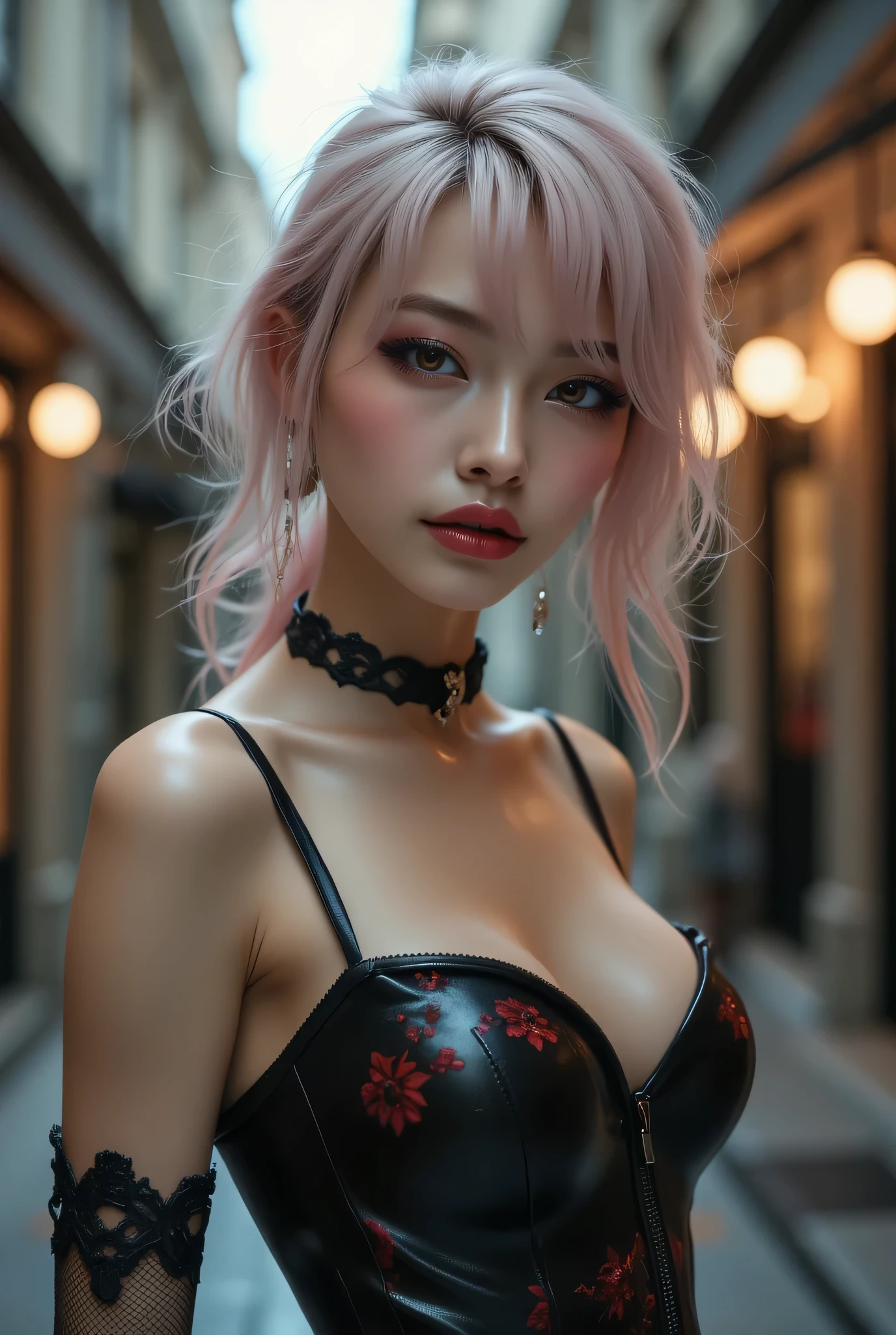 Depth of bounds written, detailed eye, ((CG illustration)), ((face focus)), ((masterpiece)), ((8K)), ((super detailed)), ((Super high quality)), ((cinematic)), ((Photoreal)), ((close up shot)), (solo), (cool girl), very long hair, straight hair, (((thin body))), Glossy skin, ((look away)), (Beautiful goth girl with high cheeks and legs), Gothic makeup, clear eyes, lipstick, dark eye shadow, ((No bra)), choker, earrings, provoke, night, ((full moon)), ((Functional)), Lonely, Visual kei, ((pastel colour)), Unwound clothes, forget, kiss, White Knight, dark, silence