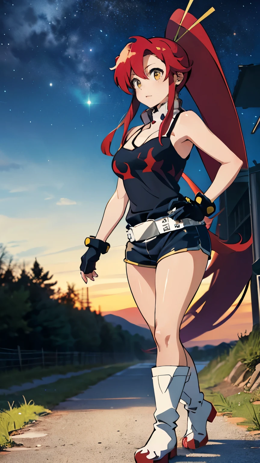(absurdres, 8k, 4k, masterpiece, hyper extreme detailed:1.2), solo, 1girl, front view portrait, best quality, expressive eyes, perfect face, 1girl, portrait, solo, Female, mature female, adult, red hair, orange gradients, hair covering eye, medium hair, cool, confident, white shorts, wild hair, messy hair, night time, cowboy shot, half body, perfect anatomy, flowing hair, windy hair, wind, fearless, cool, badass, shirt, rugged, golden eyes, starry night sky, stars, night, smirk, badass, heroic, black graphic t-shirt, white jacket, sunglasses, smirk, bound, bondage, (arms behind back:1.4), bdsm, tape gag, tape, tape bondage, restrained, tape wrapped, wrap gag, bondage, taped wrists, taped breasts, taped mouth, taped elbows, taped forearms, standing up, 1girl, taped thighs, taped ankles,