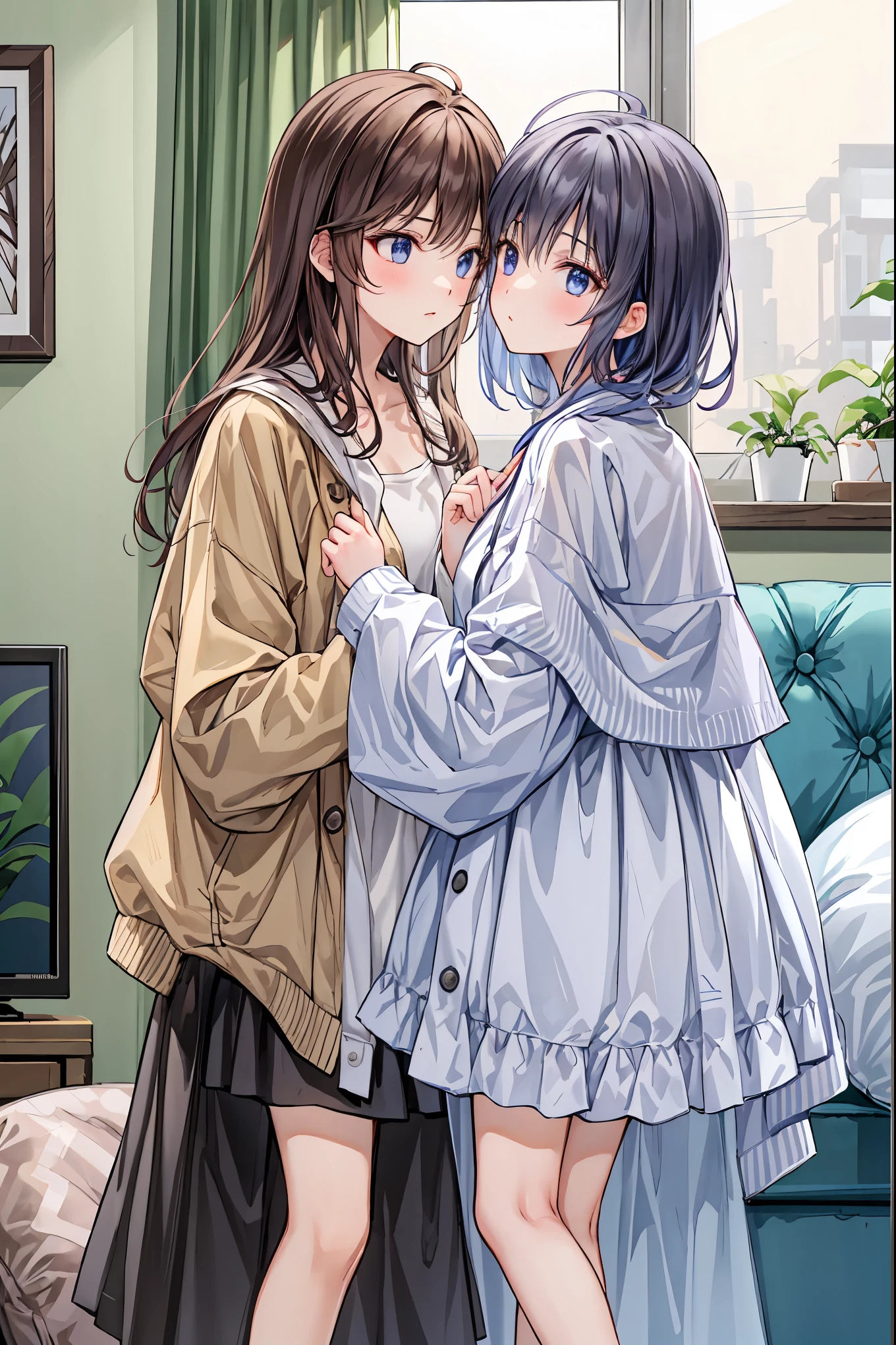 animetoreal, (mother and daughter, age_difference,size_difference), listening to the heartbeat , hugging each other,grabbing tit,(Cum on body), embarrassed,blush,tears in eyes, sweat, , masterpiece, best quality, very aesthetic, absurdres, ,akebi_komichi, akebi-chan_no_serafuku, mother and daughter, black_hair, long_hair, hair_behind_ear,blue_sailor_collar, blue_skirt, pleated_skirt, blue_socks, long_sleeves, brown_footwear, loafers,in female changing room,,floating droplets of water,
