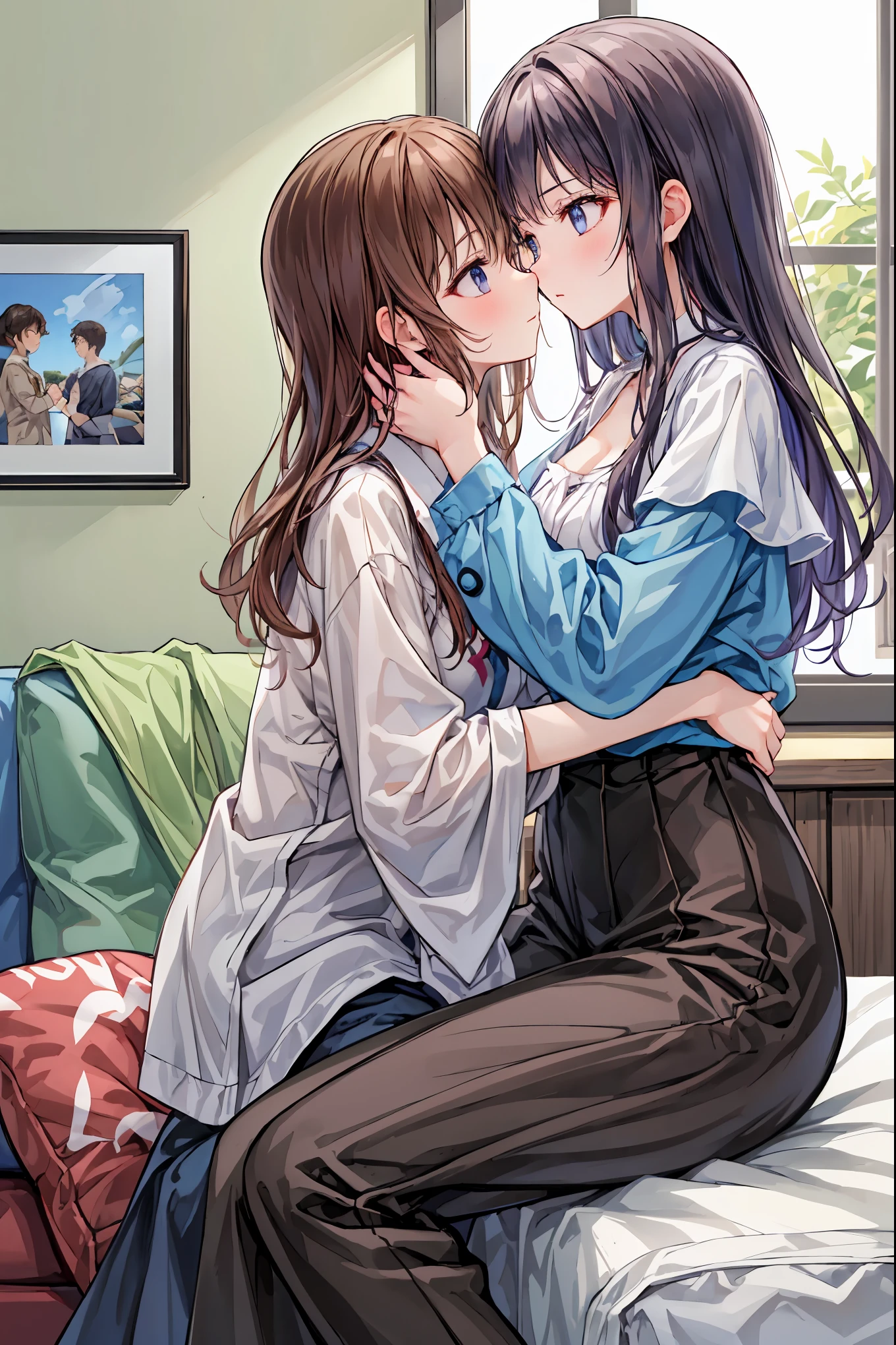 Highest quality, Ultra-high resolution, (realism: 1.4), Depth of written boundary, Beautiful Face, (Purelos Face_v1: 0.8), 
masterpiece, Highest quality ,8k，2 girls, lily, (kiss:1.8), (フレンチ・kiss), Blushing, close your eyes, (tongue),, (Explore), Place your hand on your chest, tongue吸い, Sweat,  pantyhose, Disheveled clothes, Lightweight shorts, Sweatで体に張り付くブラウス, Lightweight underwear, Sexy Lingerie, Shorts that were taken off, Ecstasy, Disheveled Hair, Pee leaks, Wet feet, Damp clothes,How to sit a girl，Delicate eyes, Full Hand, Prominent nose bridge，Fine Skin、Smooth、Perfect beauty、((Small breasts))，((Natural style))，Truly beautiful、Beautiful profile，Perfect Style，Ahegao，(Short black hair），(Brown hair ponytail)，Western-style room，On the bed，Lighting is dim，((女の子同士のkiss))，((Fingers in the crotch)) ，Dimly lit room，night，((Around ))，((one person is naked))，((Slim body))，((Foliage plant))，Large windows，Sheets at your feet，(Lying on the bed)，Upper body only，(rape)、With legs wide open，(Accurate female genitalia),