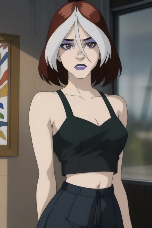 straight-on,pose,looking at viewer,solo, BREAK,
CARTOON_rogue_tanktop_ownwaifu, www.ownwaifu.com,
two-tone hair, brown hair, white hair, short hair, makeup, lipstick, hair between eyes, breasts, grey eyes, purple lips, eyeshadow, nose, medium breasts, split-color_hair, lips, pale skin, toned, narrow waist, curvy, collarbone,
tight school girl uniform, blouse, skirt, midriff, cleavage,
BREAK,, official art,extremely detailed CG unity 8k wallpaper, perfect lighting,Colorful, Bright_Front_face_Lighting,shiny skin, (masterpiece:1.0),(best_quality:1.0), ultra high res,4K,ultra-detailed, photography, 8K, HDR, highres, (absurdres:1.2), Kodak portra 400, film grain, blurry background,(vibrant_color:1.2),professional photograph,