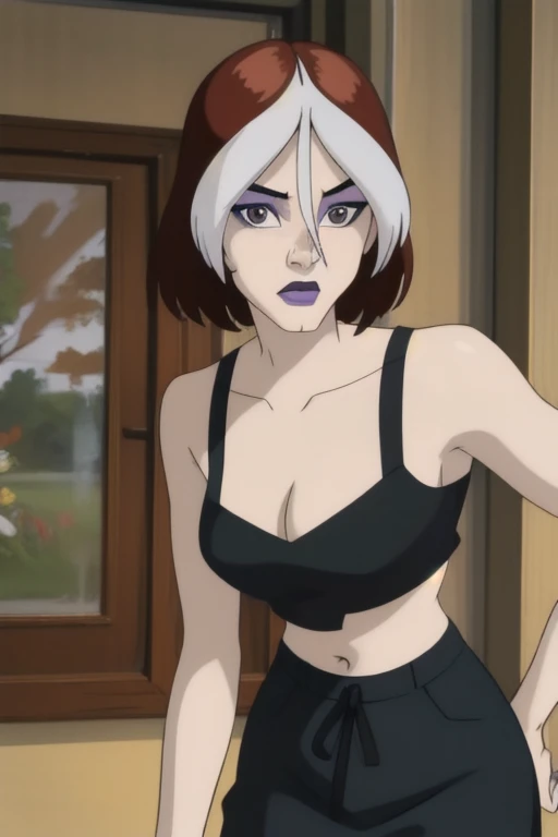straight-on,pose,looking at viewer,solo, BREAK,
CARTOON_rogue_tanktop_ownwaifu, www.ownwaifu.com,
two-tone hair, brown hair, white hair, short hair, makeup, lipstick, hair between eyes, breasts, grey eyes, purple lips, eyeshadow, nose, medium breasts, split-color_hair, lips, pale skin, toned, narrow waist, curvy, collarbone,
tight school girl uniform, blouse, skirt, midriff, cleavage,
BREAK,, official art,extremely detailed CG unity 8k wallpaper, perfect lighting,Colorful, Bright_Front_face_Lighting,shiny skin, (masterpiece:1.0),(best_quality:1.0), ultra high res,4K,ultra-detailed, photography, 8K, HDR, highres, (absurdres:1.2), Kodak portra 400, film grain, blurry background,(vibrant_color:1.2),professional photograph,