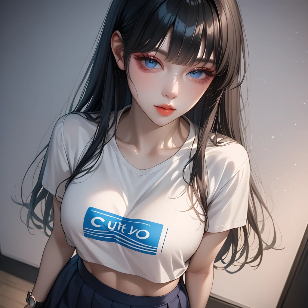 girl, blue eyes, by rubio, transparent t-shirt, black skirt