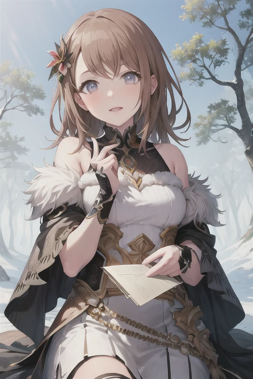 (Minors, 1 Girl,  is unique,  Brown Hair ,  gray eyes,  medium length hair:0.67), (Winter flower forest with incredible detail:0.9),  shoulders , clavicle, Lips,  masterpiece,  top quality, serious,  fantasy