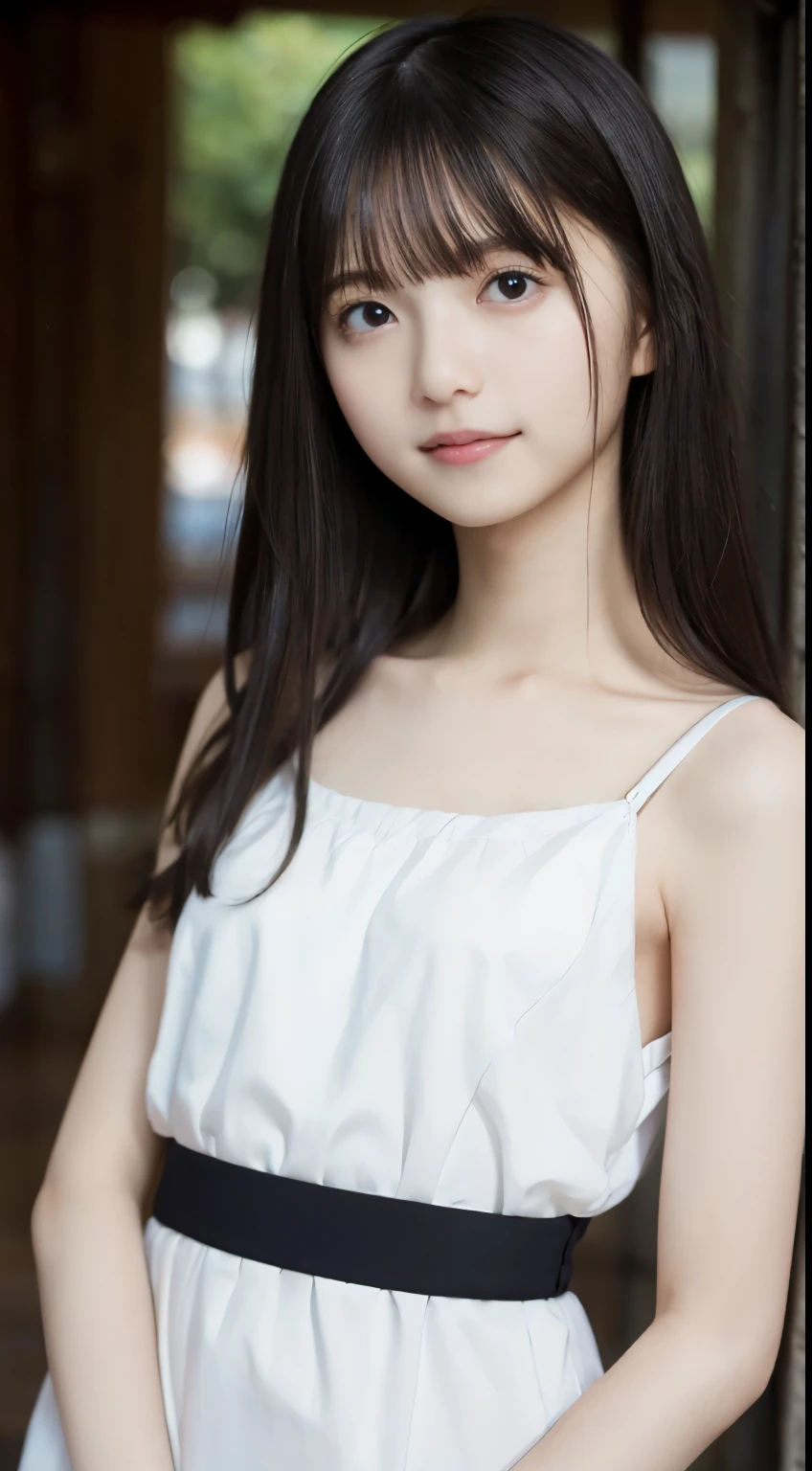 ((top-quality))、 ((masuter piece))、超A high resolution、Raw photo、intricate-detail、proffesional、foco nítido、Photorealsitic、Real life、surrealistic、photorealisim、Silhouette Light、finely detail、Highly detailed CG Unity 8K wallpapers、erfect artwork、Depth of field is deep、No perspective、细致背景、shinny hair、radiant eyes、shinny skin、realisitic、Looking at the camera、Very delicate and cute、Cute detailed girl、pure、cute large eyes、Facial Lights、Cinematic lighting、Transparent material、realistic representation of face、（intricate detailes)、no-makeup、（delicated face、Delicate eyes and face）Detailed skin、Best ratio of four fingers and one thumb、(flat-chest: 1.4)、short torso、Transcendental thin legs、Transcendent small butt、((独奏))、light、Very young face、Innocence、Facial Highlights、Professional Writing、女の子1人、White lightweight tank top with thin fabric、White Sheer Light Shorts、Back lighting、((Stand facing the front))、Hands on the hips in the style of models、florals、((non-blur))、Skinny style、((Knee shot))、((12year old))、(Beautiful pitch black shiny one-tail medium hair:1.4)、(Super beautiful girl with cute loli face:1.6)、Short stature、Beautiful shiny black hair、((Super petite and super slender girl))、((A true transcendent beautiful girl with ultra-young Japan))、Plump round face、Small face and small nose、Healthy face、Soft lips、pale cherry colored lips、(rather thin eyebrows: 1.4)、shiny large black eyes、big eye、(The corners of the mouth rise:1.4)、Clothes are see-through、Protrusions、erect through、(Shy smile:1.8)、less clothing、no sleeves、Eyes for hollow details、Floating hair、large eyes that are symmetrical、hair clips、No face makeup、