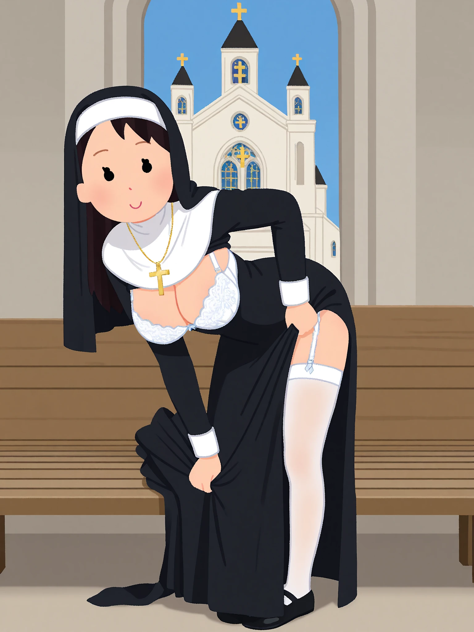 (young nun:1.4), seductive demon girl,  nun suit, lace underwear, slutty nun, sexy, NSFW, small cock inside pussy, (fucked by goblins:1.4), bunch of green goblins, ((group sex)), penetration, intense fuck, can't take it anymore, pleasure and pain, saliva, cumming, opaque pantyhose, heels, at church