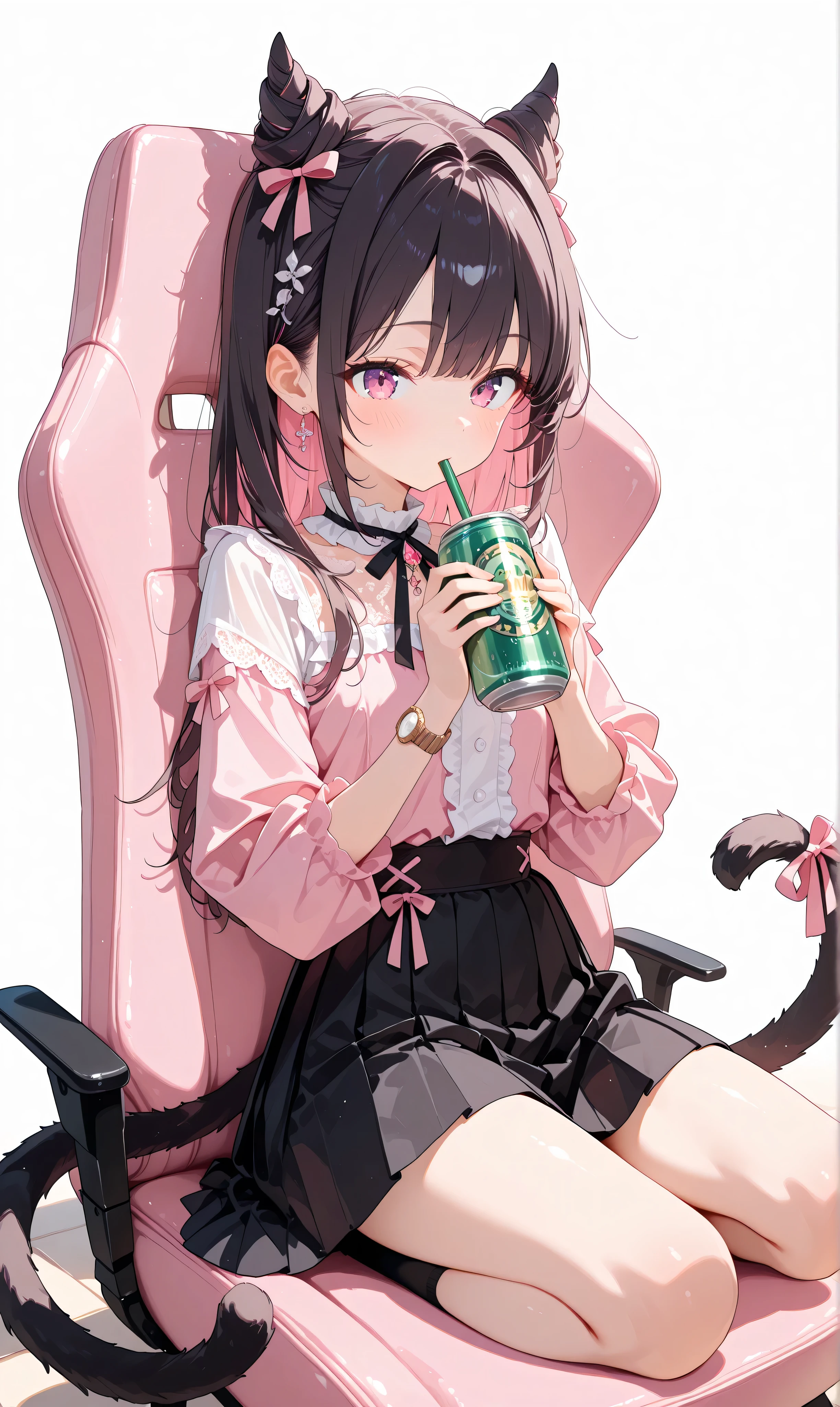 (watercolor: 0.5), ( pastel: 0.5), in the seat, dark hair with pinkish blurry highlights holding a drink can, long twin tail , Sitting on the ground , soft brush , tilts her head, pink ruffle blouse , Black Pleated Skirt , ribbon accent with drink cans , Black Lace Trim , pink and black aesthetic , cute japanese fashion , white minimalist background , Watch Viewers , drinking from a can with a straw , Holding a drink can, full body view. , beautiful, Masterpiece, high quality, 4K UHD, ridiculous