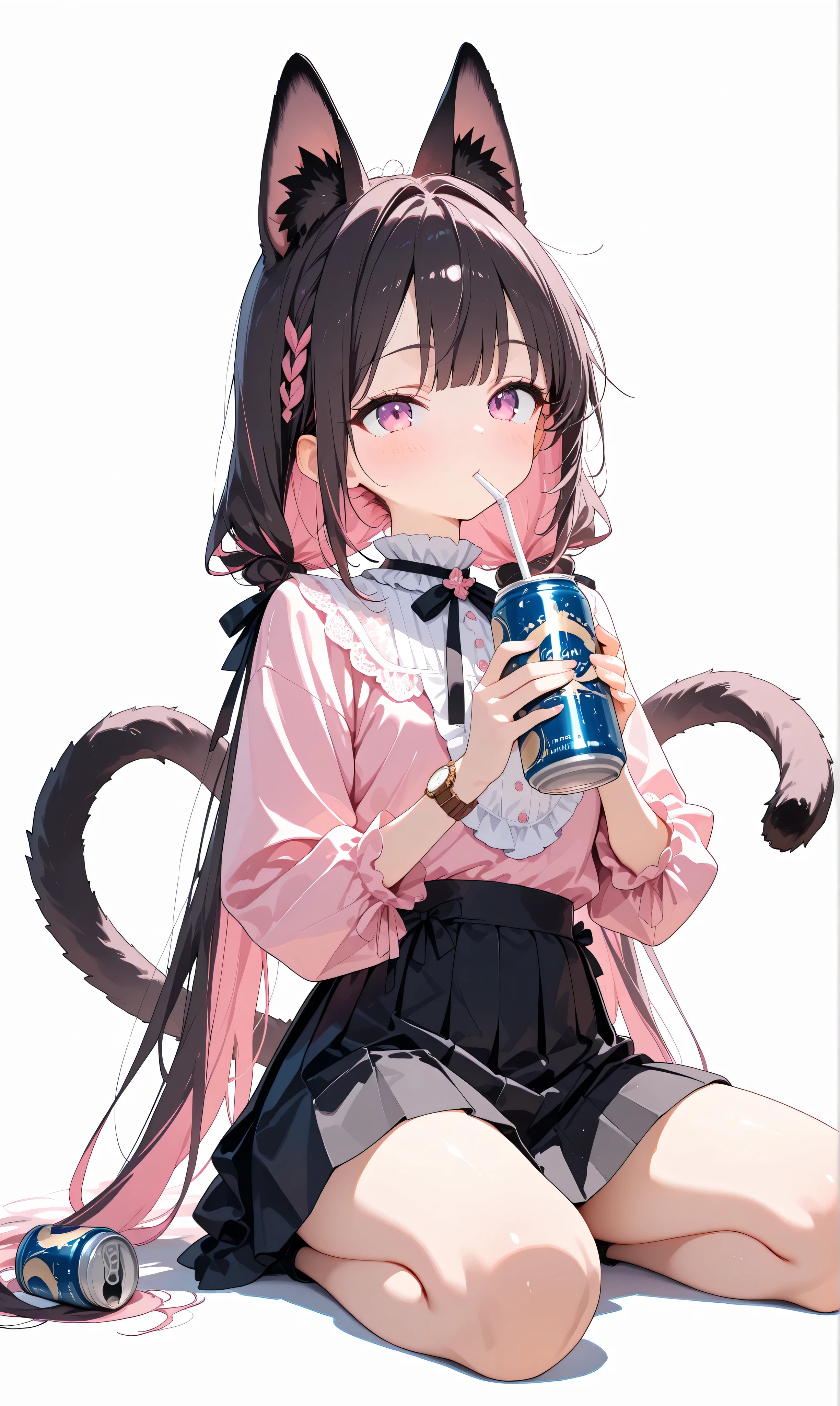 (watercolor: 0.5), ( pastel: 0.5), in the seat, dark hair with pinkish blurry highlights holding a drink can, long twin tail , Sitting on the ground , soft brush , tilts her head, pink ruffle blouse , Black Pleated Skirt , ribbon accent with drink cans , Black Lace Trim , pink and black aesthetic , cute japanese fashion , white minimalist background , Watch Viewers , drinking from a can with a straw , Holding a drink can, full body view. , beautiful, Masterpiece, high quality, 4K UHD, ridiculous