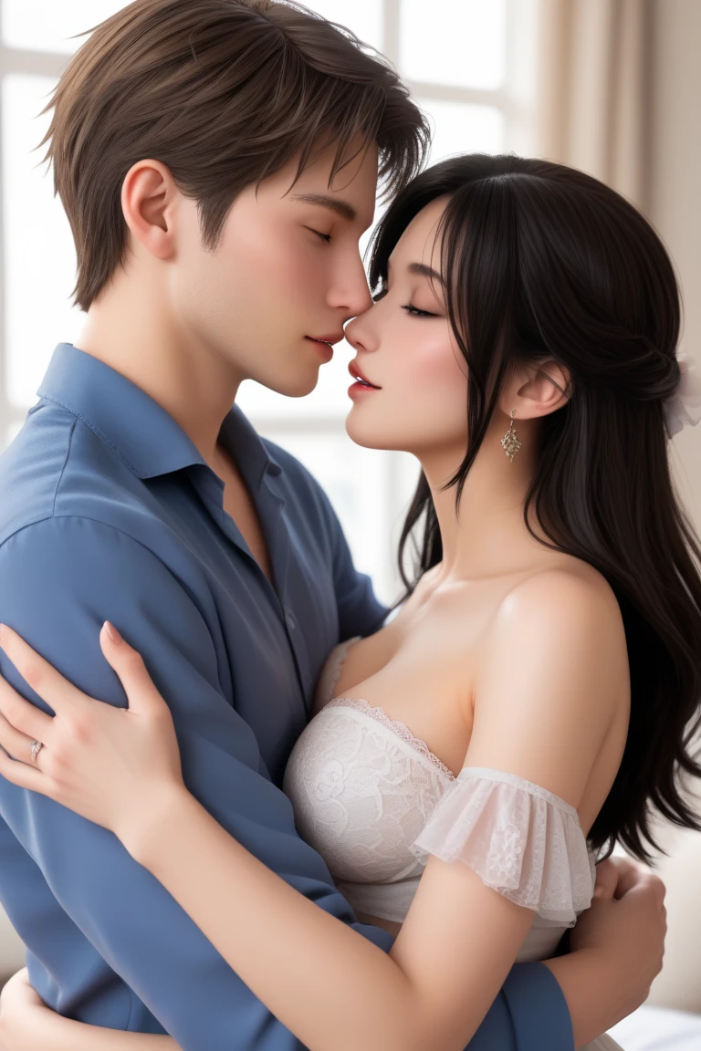 in love、boy and girl、23 years old、(look at each other,Happy,Happy)、highest quality、highest resolution:1.2、8k raw photo:1.5、super realistic:1.5、(Open your chest,open shirt,open chest shirt.Open-chested shirt)、(beautiful breasts,Golden ratio body:1.2)、(Bombshell,Sensitive skin,erotic)、(enchanting lips,Lips touching:1.37)、(Sleepy Eyes,Moist eyes)、sexy、Keep an open mind,Embrace love,endless love、