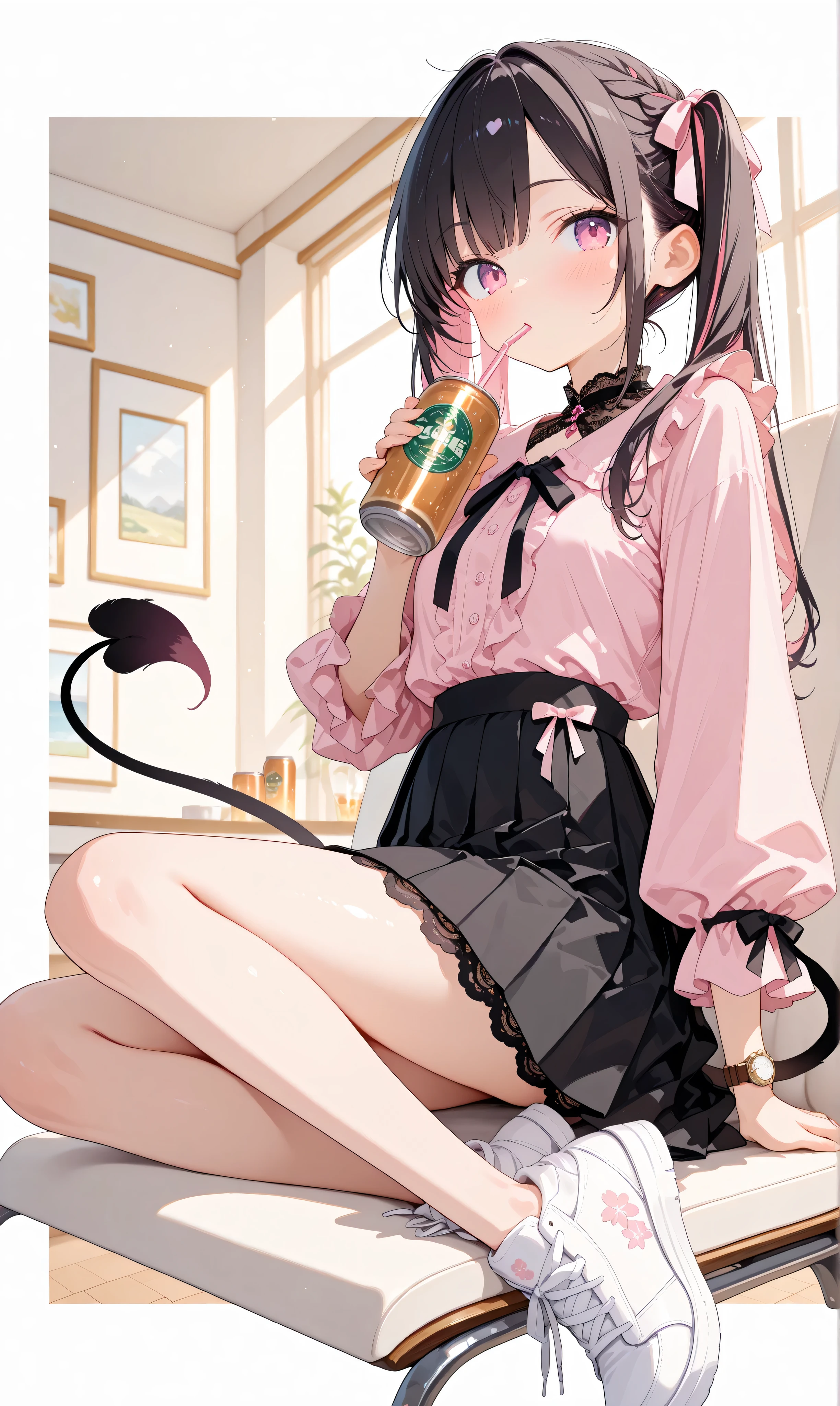 (watercolor: 0.5), ( pastel: 0.5), in the seat, dark hair with pinkish blurry highlights holding a drink can, long twin tail , Sitting on the ground , soft brush , tilts her head, pink ruffle blouse , Black Pleated Skirt , ribbon accent with drink cans , Black Lace Trim , pink and black aesthetic , cute japanese fashion , white minimalist background , Watch Viewers , drinking from a can with a straw , Holding a drink can, full body view. , beautiful, Masterpiece, high quality, 4K UHD, ridiculous