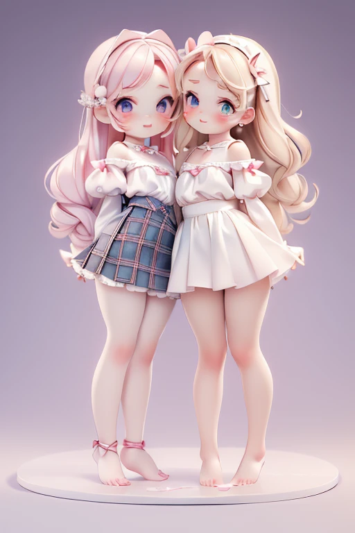 ((dolly, 2girls)), (petite kawaii, bishojo), (shy, kawaii face), ((masterpiece)), (best quality), (ultra detailed), ((highres)), (exquisite), (depth), (high standard), (beautiful and aesthetic), (super detailed skin), (perfect anatomy), (full body), (blush), (strap slip), (bare foot), ((closed eyes, kiss)), (lipstick), (one room), (()), (white, blue, black)