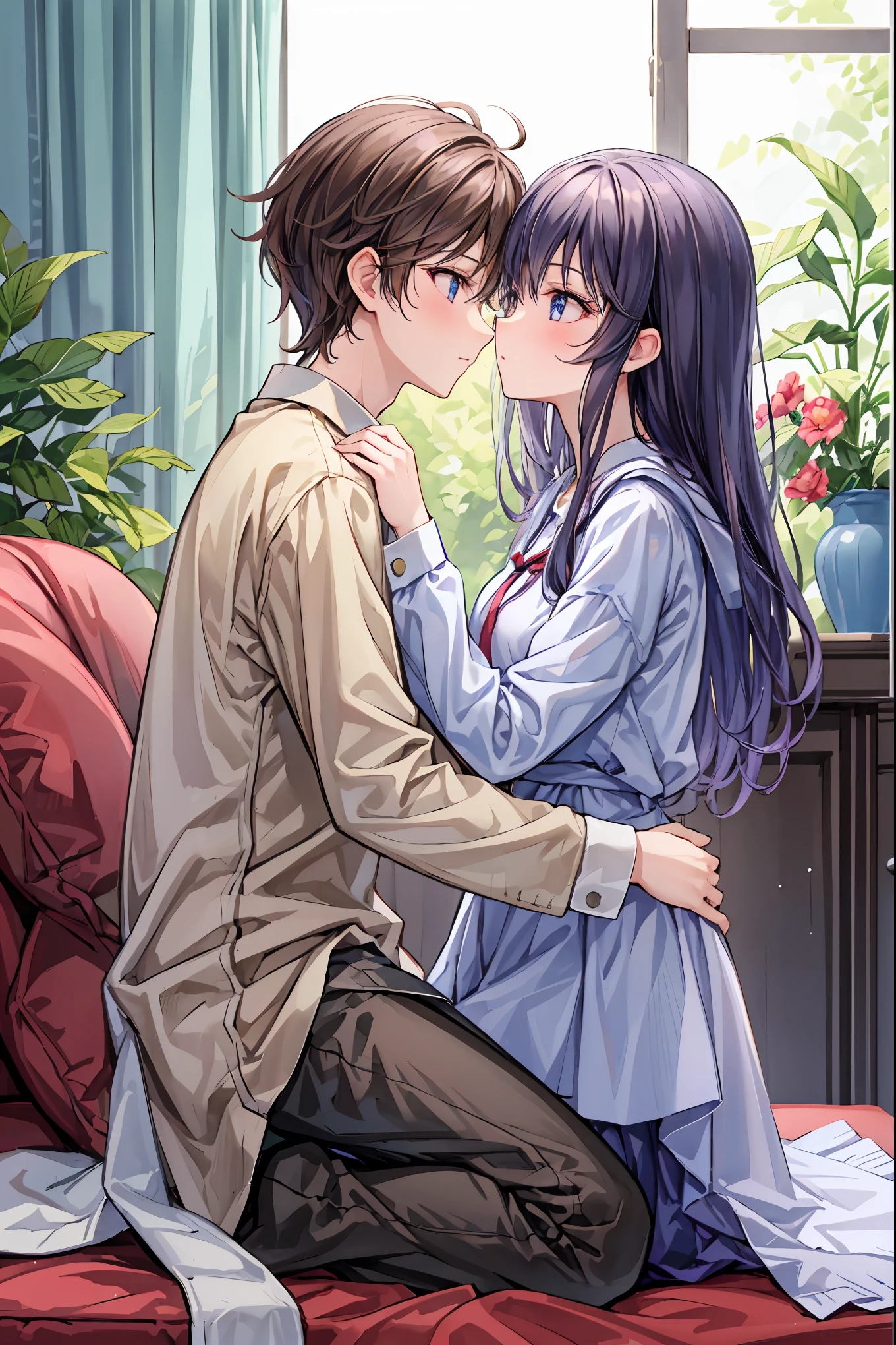 Couple in their 20s、 male1名, woman1名、 maleとwomanの両方のための軽い服装、 Kissing 、Shiny atmosphere、woman(Medium length brown hair ),魅惑的なグレーブルーのeyeは星のように輝いている,close ~ eye、Sweet Sigh、 male( Short Black Hair 、右手をwomanの頬に当てる)tightly close your eye、 With background(room、Sofa)、Late Night、 dark、Anatomically correct limbs、 Girls Are Slightly Skinny 、 shows underwear