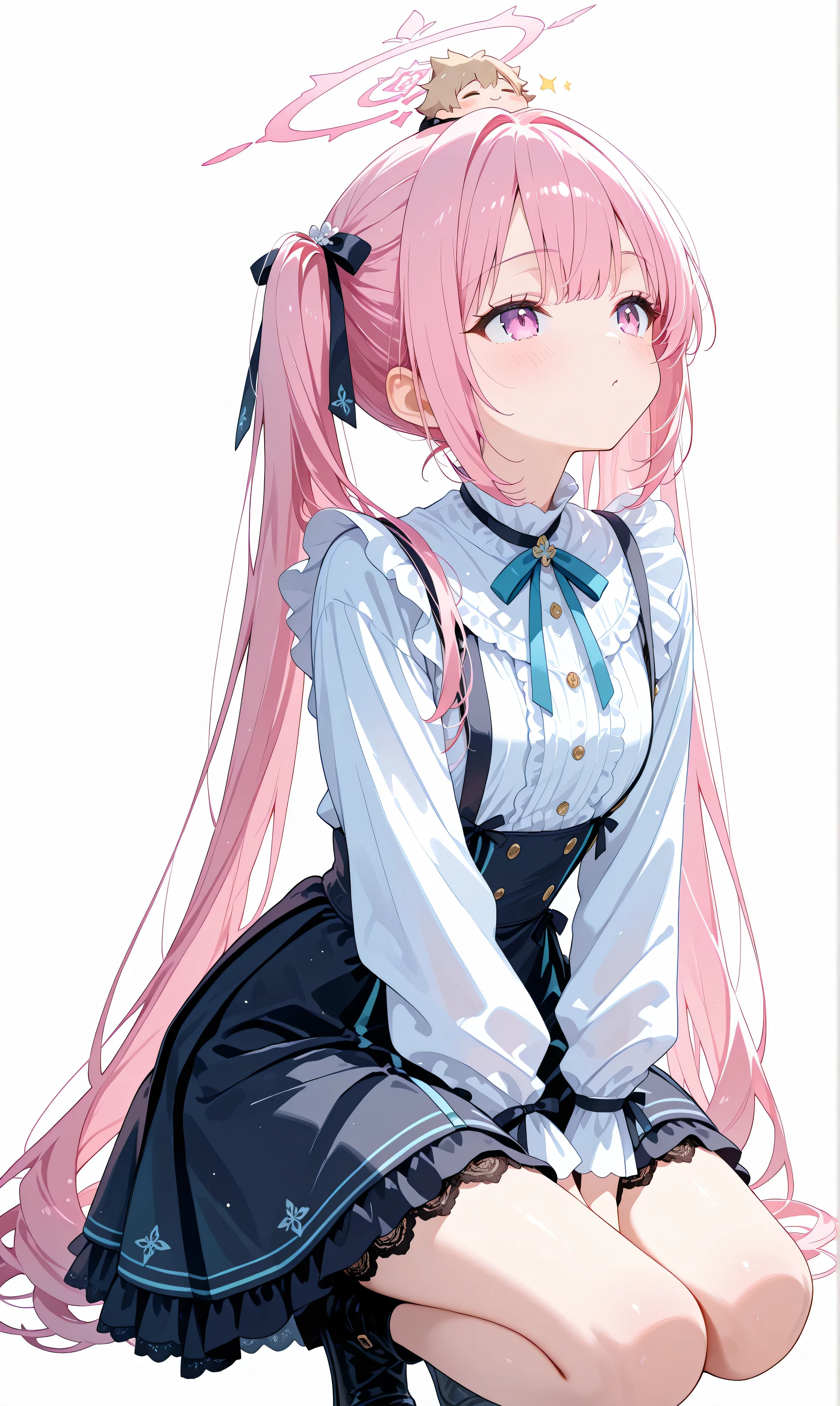 (watercolor:0.4), ( pastel color :0.6), 1 girl, jet black with subtle pinkish highlights , long flowing twin tails tied with ribbons , crouching in a relaxed position , Warm flushing cheeks , slanted head slightly to the side , expressed with a pastel pink ruffled top and 、 sophisticated black with lace accents and ribbons Combine with a suspender skirt、 a harmonious palette of pink and black , simple white background to highlight the character .
