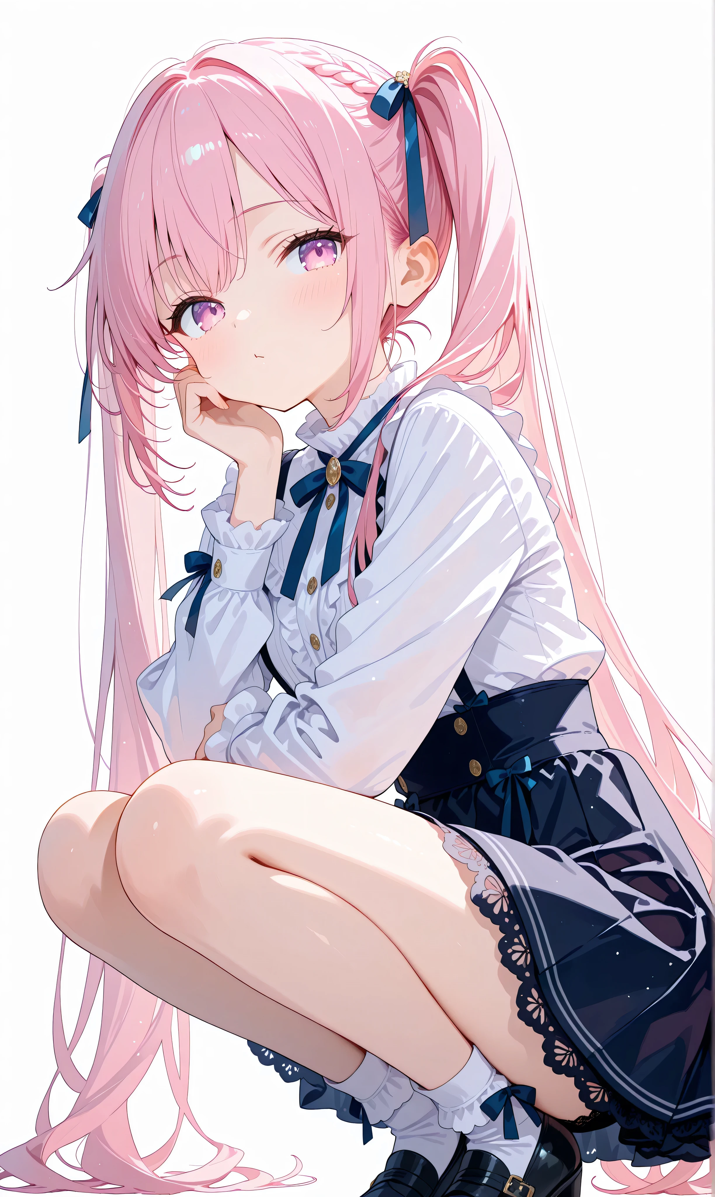 (watercolor:0.4), ( pastel color :0.6), 1 girl, jet black with subtle pinkish highlights , long flowing twin tails tied with ribbons , crouching in a relaxed position , Warm flushing cheeks , slanted head slightly to the side , expressed with a pastel pink ruffled top and 、 sophisticated black with lace accents and ribbons Combine with a suspender skirt、 a harmonious palette of pink and black , simple white background to highlight the character .