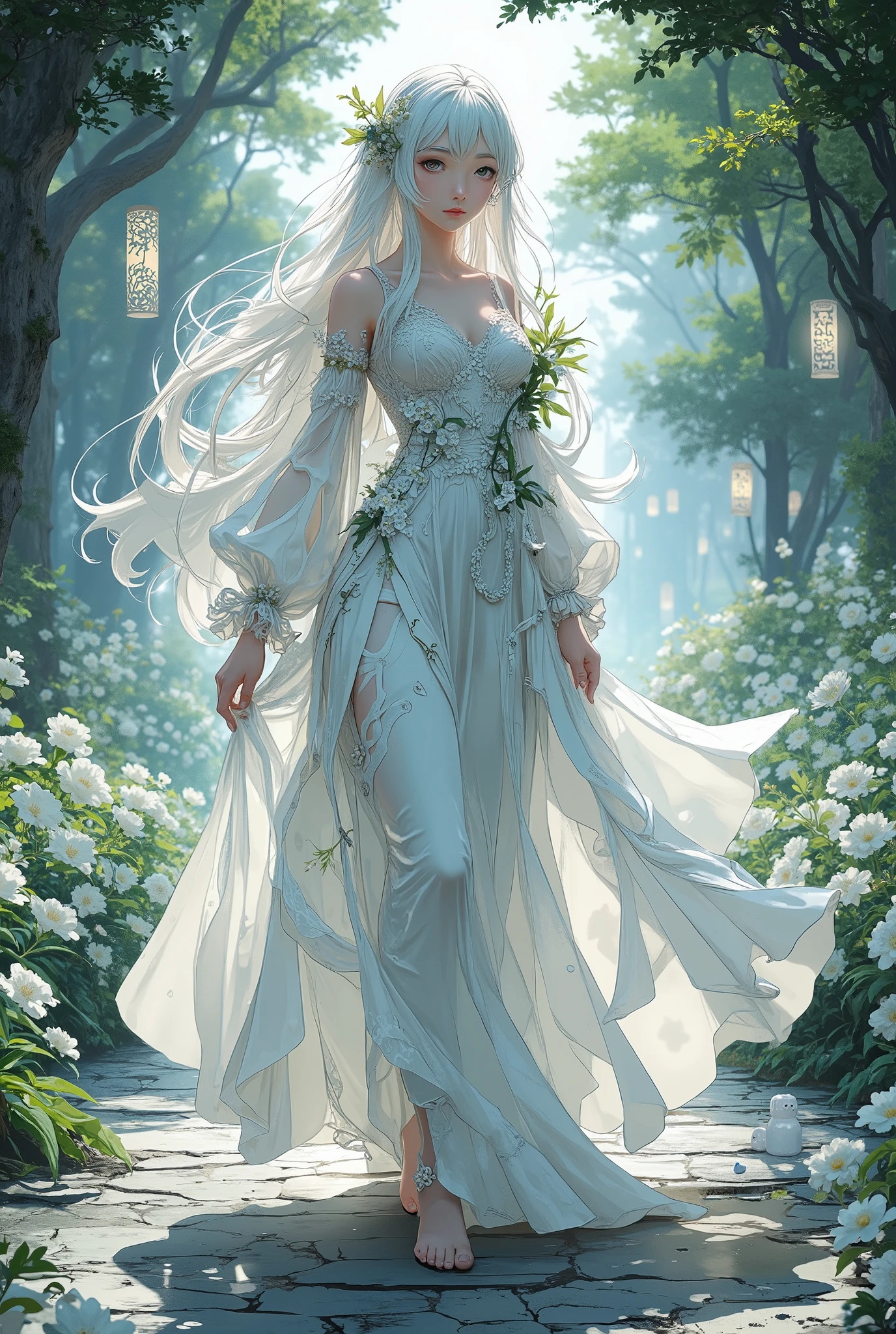 A (((beautiful lady girl))) with flowing (((white hair))), dressed in a (((long, elegant white gown))), adorned with intricate ((paper lanterns)) that emit a soft, ethereal glow, as she takes a gentle step through a serene (((white flower path))), surrounded by (softly blooming flowers) that frame her elegant figure,Anime, Anime Style, Japanese Illustration Style, 
