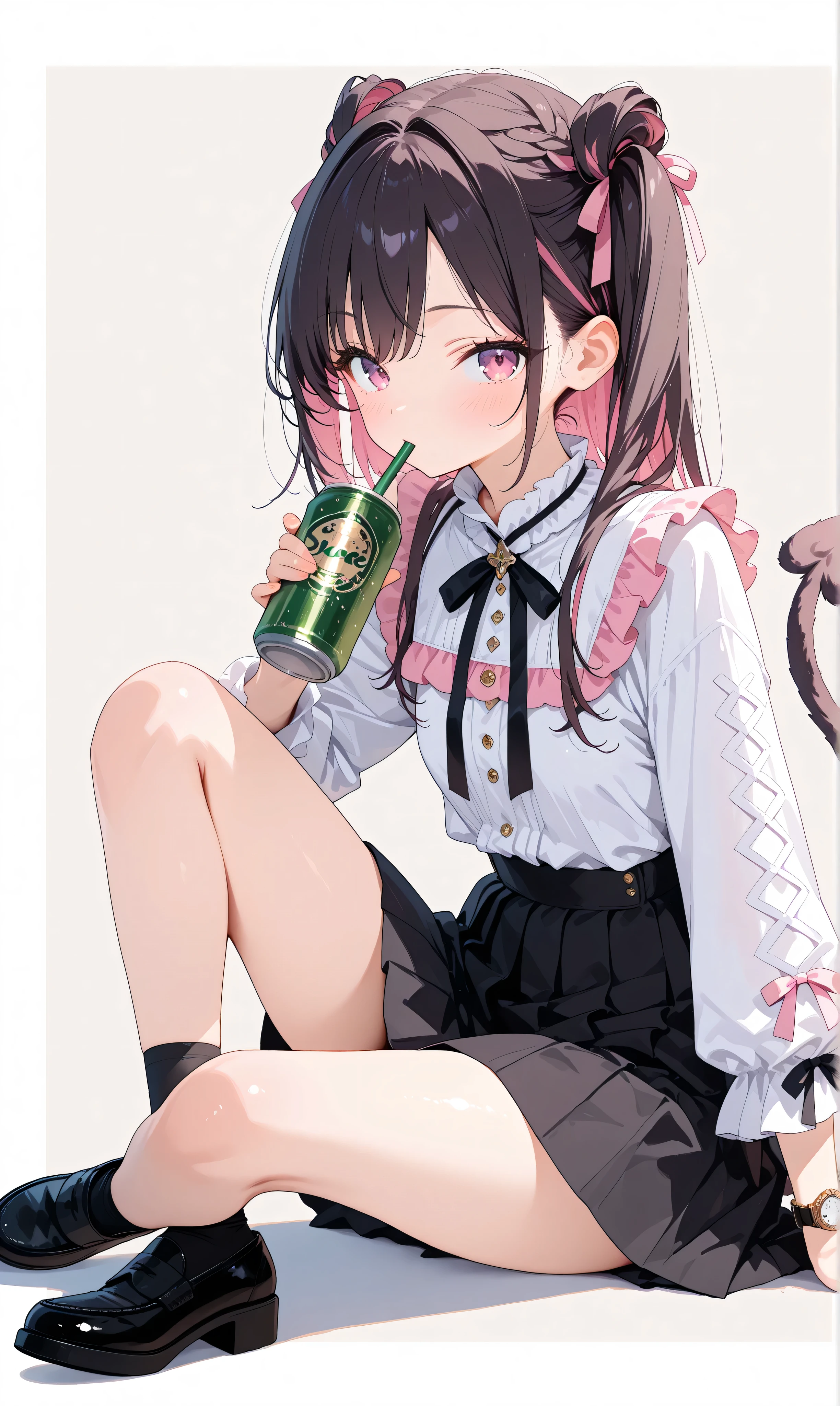 (watercolor: 0.5), ( pastel: 0.5), in the seat, dark hair with pinkish blurry highlights holding a drink can, long twin tail , Sitting on the ground , soft brush , tilts her head, pink ruffle blouse , Black Pleated Skirt , ribbon accent with drink cans , Black Lace Trim , pink and black aesthetic , cute japanese fashion , white minimalist background , Watch Viewers , drinking from a can with a straw , Holding a drink can, full body view. , beautiful, Masterpiece, high quality, 4K UHD, ridiculous