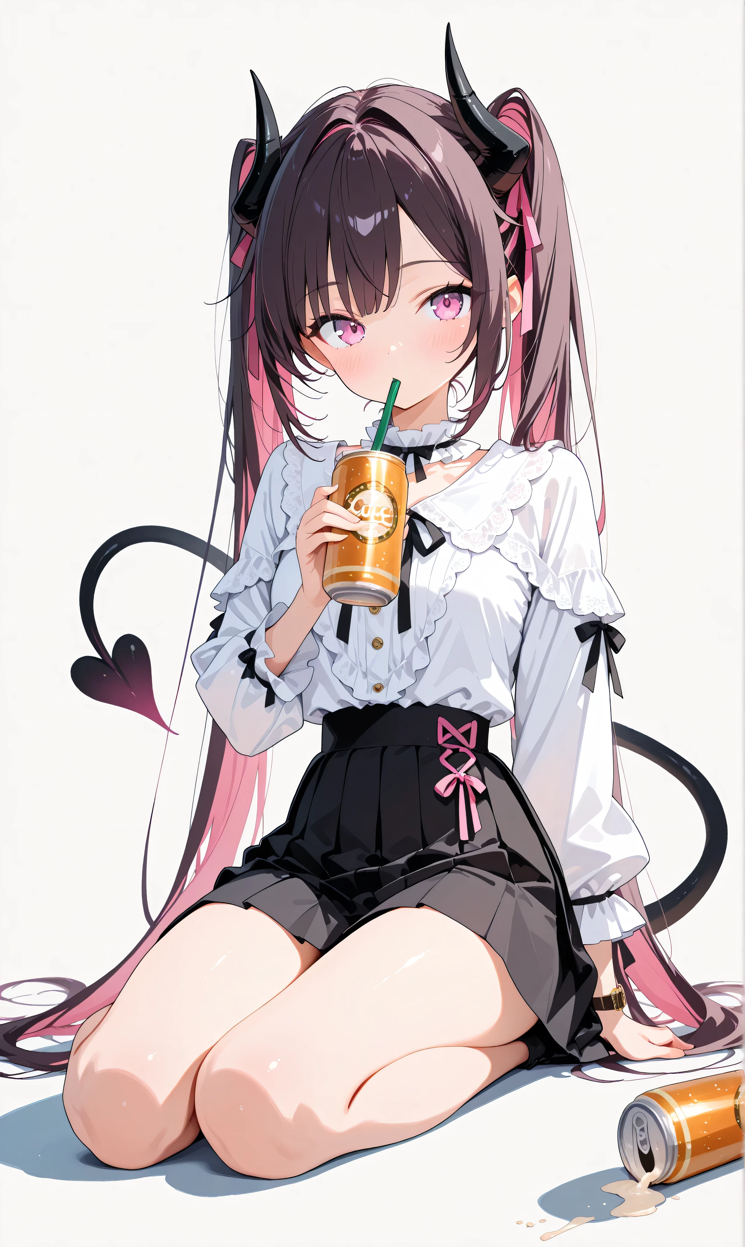 (watercolor: 0.5), ( pastel: 0.5), in the seat, dark hair with pinkish blurry highlights holding a drink can, long twin tail , Sitting on the ground , soft brush , tilts her head, pink ruffle blouse , Black Pleated Skirt , ribbon accent with drink cans , Black Lace Trim , pink and black aesthetic , cute japanese fashion , white minimalist background , Watch Viewers , drinking from a can with a straw , Holding a drink can, full body view. , beautiful, Masterpiece, high quality, 4K UHD, ridiculous
