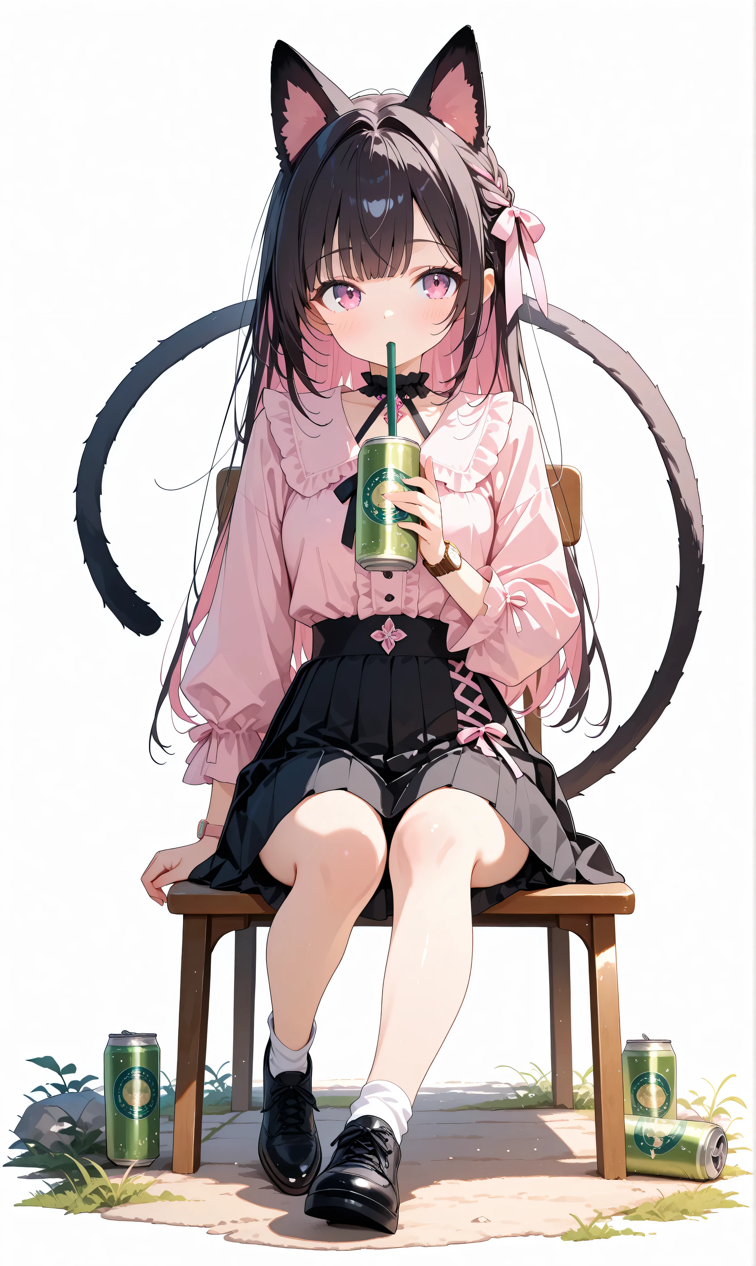 (watercolor: 0.5), ( pastel: 0.5),  in the seat,  dark hair with pinkish blurry highlights holding a drink can,   long twin tail ,  Sitting on the ground ,  soft brush ,  tilts her head,  pink ruffle blouse ,   Black Pleated Skirt  ,  ribbon accent with drink cans ,  Black Lace Trim ,  pink and black aesthetic ,   cute japanese fashion  ,   white minimalist background  ,  Watch Viewers ,  drinking from a can with a straw , Holding a drink can,  full body view. ,  beautiful,  Masterpiece,  high quality, 4K UHD,  ridiculous