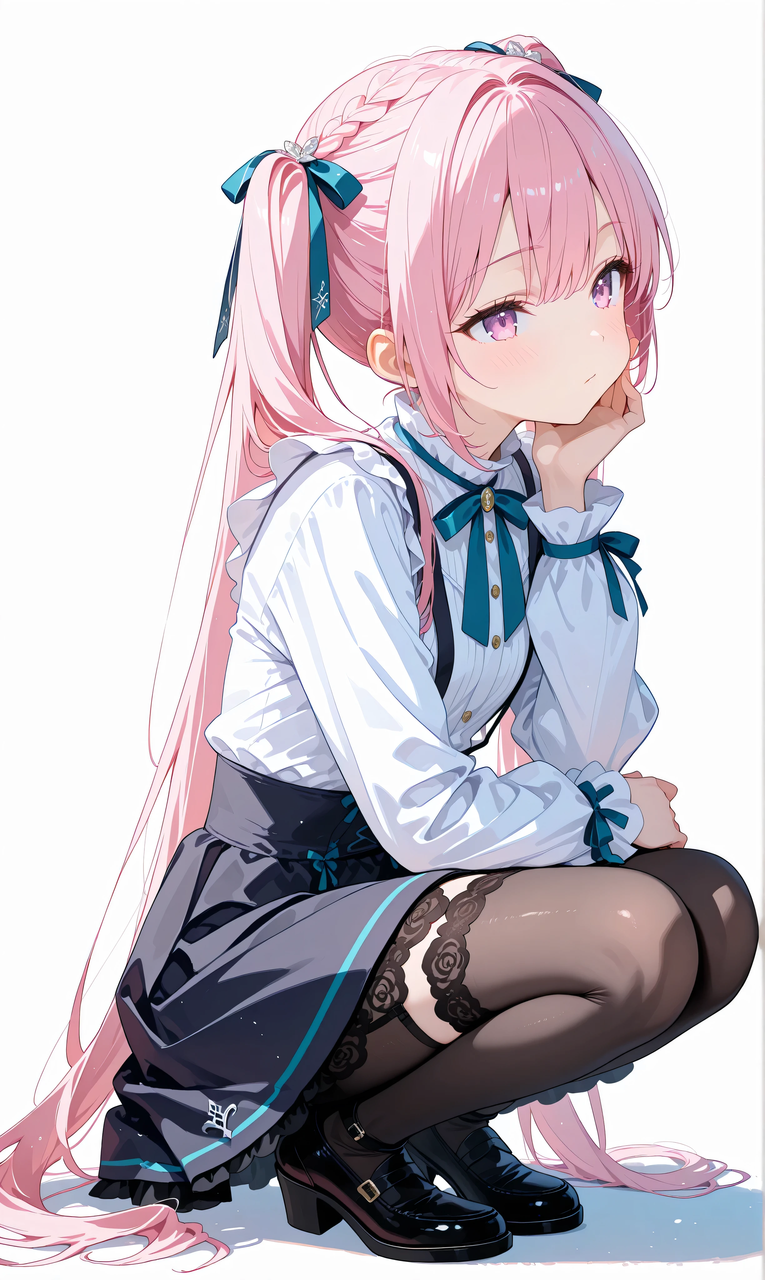 (watercolor:0.4), ( pastel color :0.6), 1 girl, jet black with subtle pinkish highlights , long flowing twin tails tied with ribbons , crouching in a relaxed position , Warm flushing cheeks , slanted head slightly to the side , expressed with a pastel pink ruffled top and 、 sophisticated black with lace accents and ribbons Combine with a suspender skirt、 a harmonious palette of pink and black , simple white background to highlight the character .