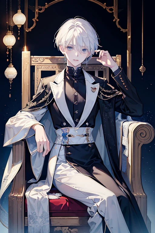 best quality,Young men,Silver hair,gorgeous,palace,Unruly,Long legs,Fantasy background