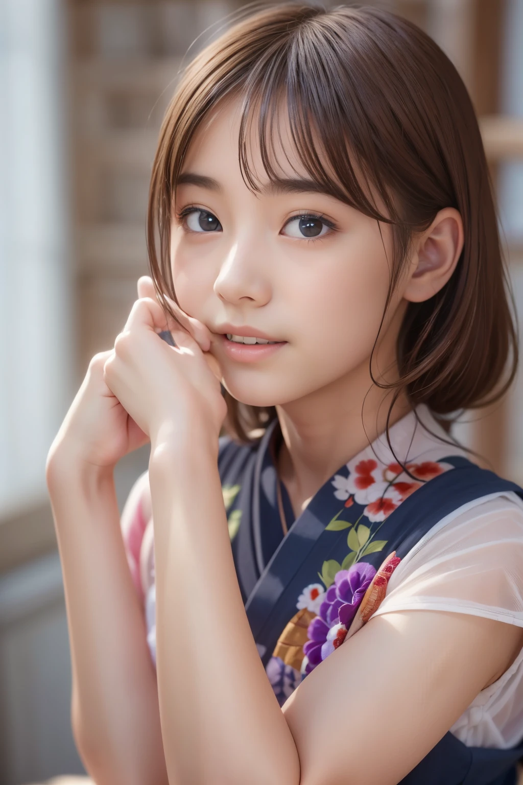 11 year old girl　Japanese　Light blue yukata　Realistic Skin　eating McDonald's フライドポテト